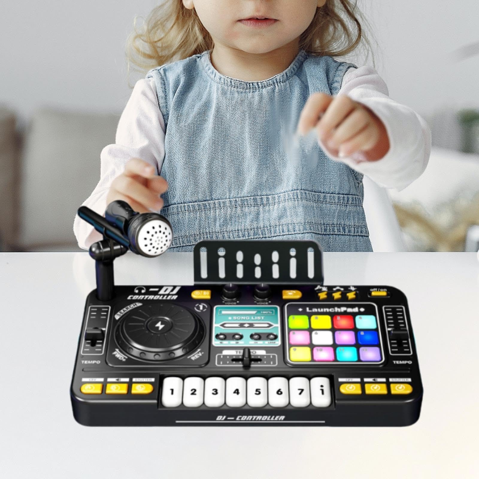 Tocadiscos de Juguete para DJ Infantil, Mezclador Electrónico para Fiestas con Luces Y Efectos para Interiores Y Preescolares.
