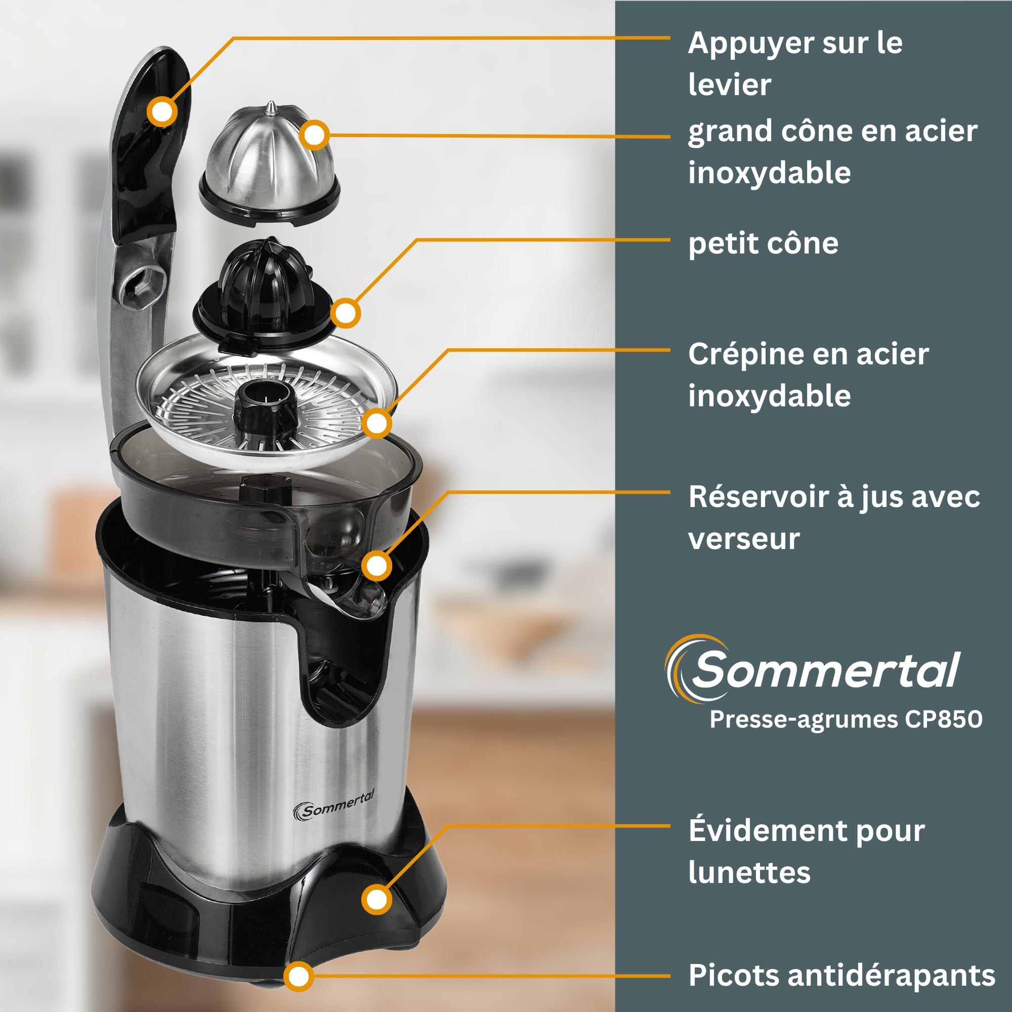 Sommertal CP850 Presse-agrumes électrique, moteur 850 W, haut rendement, en acier inoxydable, sans BPA, récipient à jus de 400 ml, 2 cônes, presse-citron, presse-agrumes, électrique, levier et