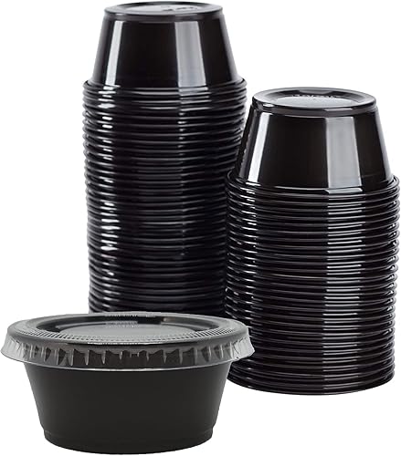 Vasos negros para porciones con tapas transparentes, vasos de plástico desechables para preparación de comidas, control de porciones, aderezo para