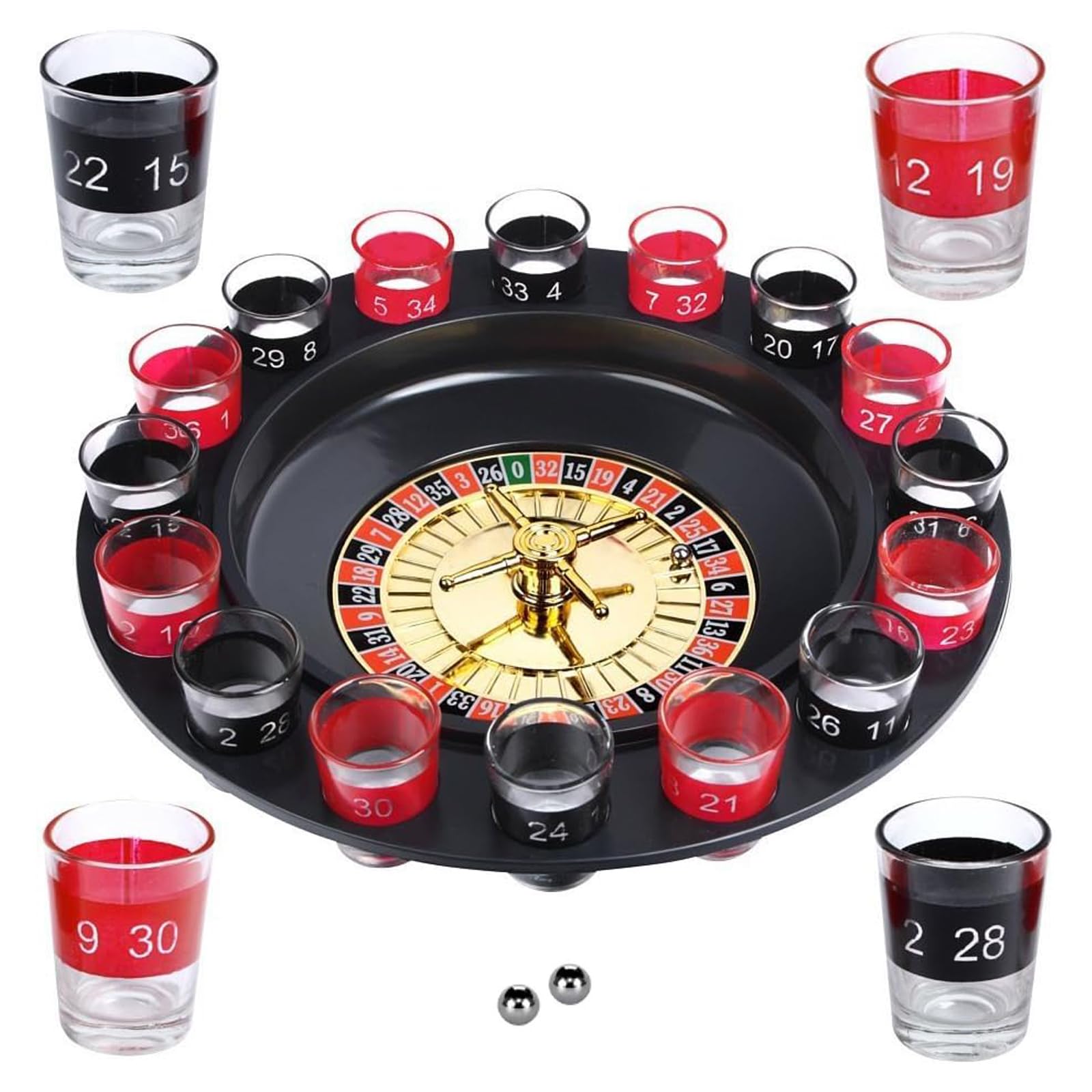 SpiderJuice 12 Inch Drinking Roulette Spinning Wheel Fun Game Set with 16 Uniquely Numbered Tequila Shot Real Glasses and 2 Steel Balls for Adult House Party Night Out Home Casino Christmas Gifts