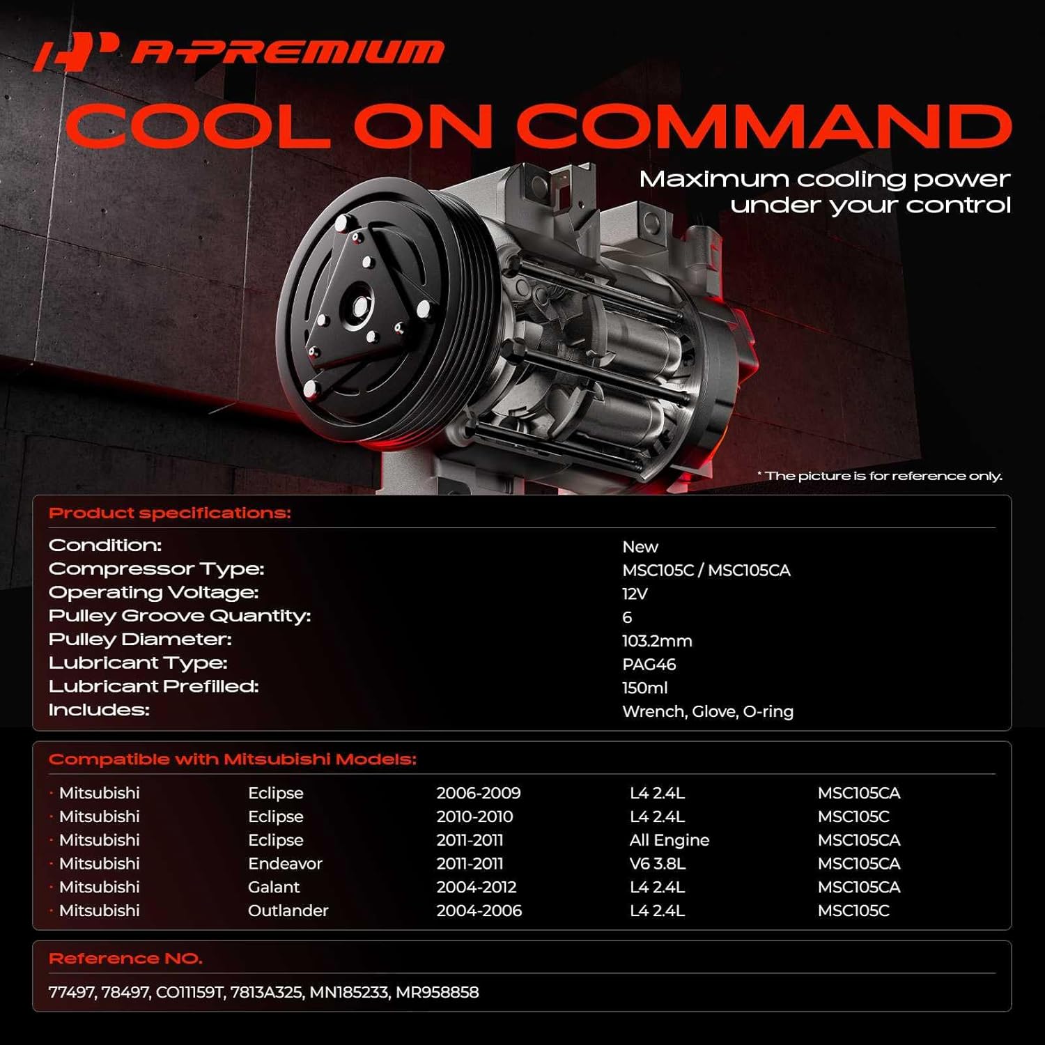A-Premium Air Conditioner AC Compressor with Clutch Compatible with Mitsubishi Eclipse 2006-2011, Endeavor 2011, Galant 2004-2012, 2.4L 3.8L