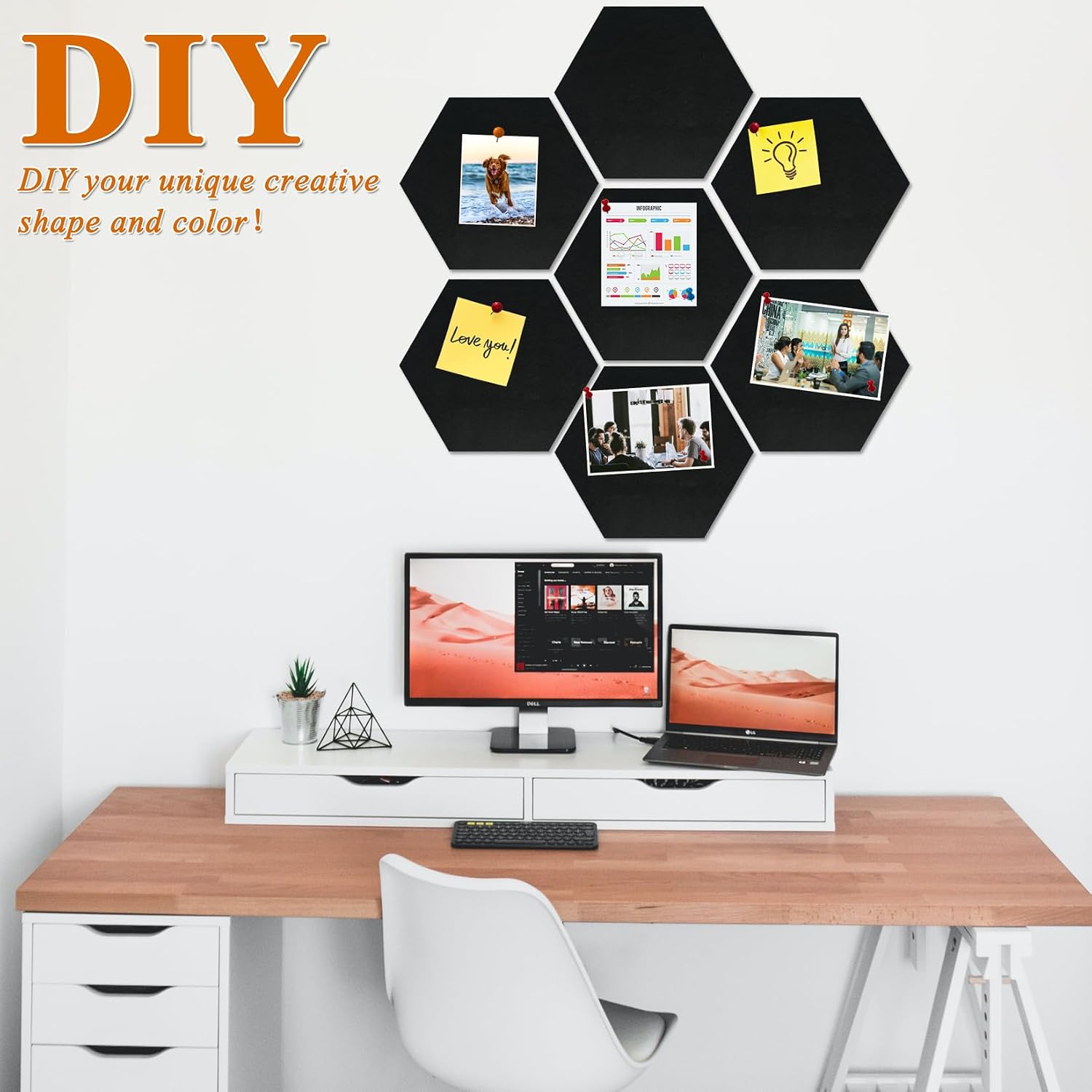 Large Hexagon Felt Cork Board Tiles, Self Adhesive DIY Felt Bulletin Board Pin Board with 35 Pushpins for Office School Home Wall Decor Stickers Memos Photos Display(Black)