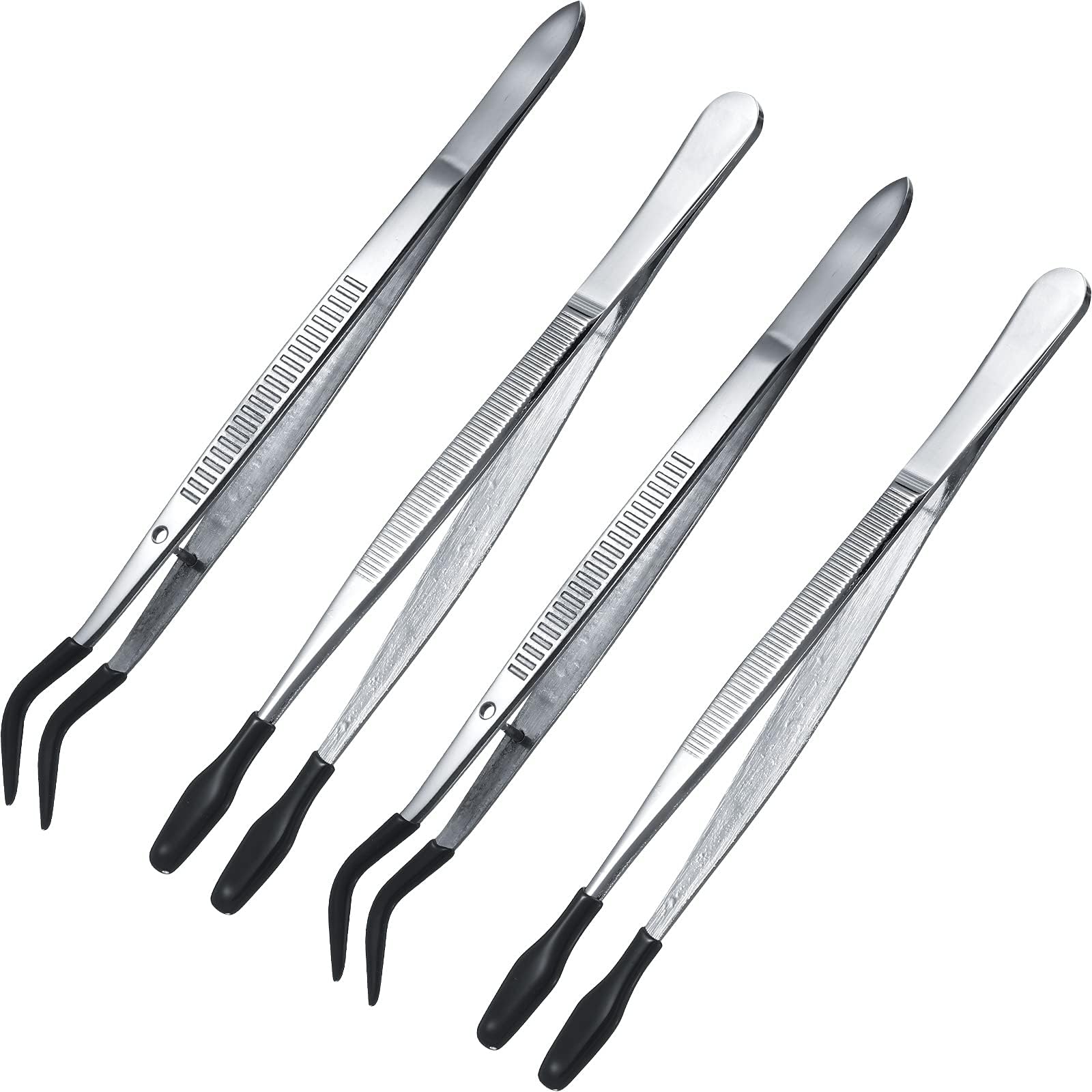 Honoson 4 Pieces Rubber Tipped Tweezers Craft Tweezers PVC Silicone Coated Non Marring Flat Tip Bent Tip Tweezers Tipped Tweezers for Lab Industrial Jewelry Craft Coin Stamp Tweezers Tongs(Black)
