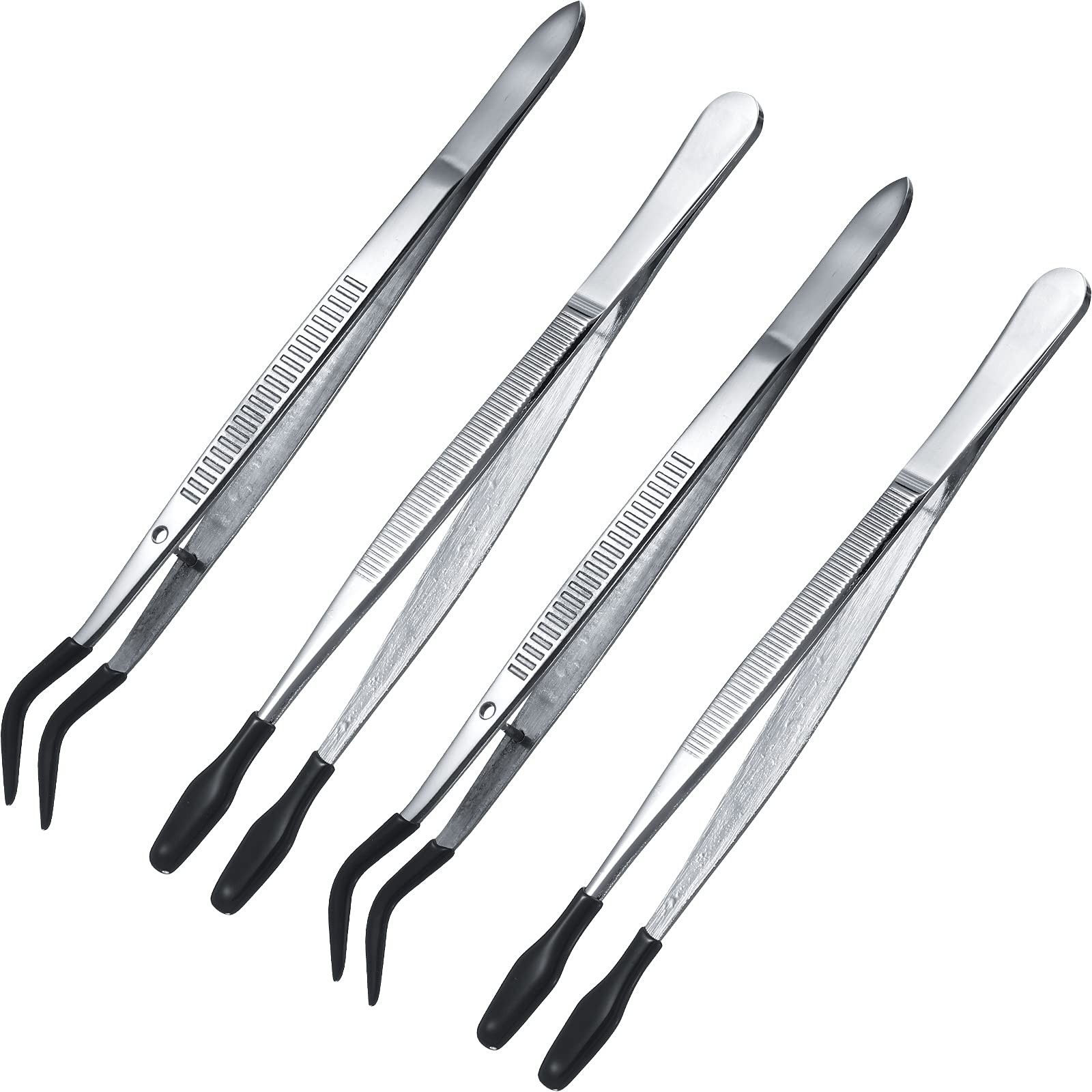 Honoson 4 Pieces Rubber Tipped Tweezers Craft Tweezers PVC Silicone Coated Non Marring Flat Tip Bent Tip Tweezers Tipped Tweezers for Lab Industrial Jewelry Craft Coin Stamp Tweezers Tongs(Black)