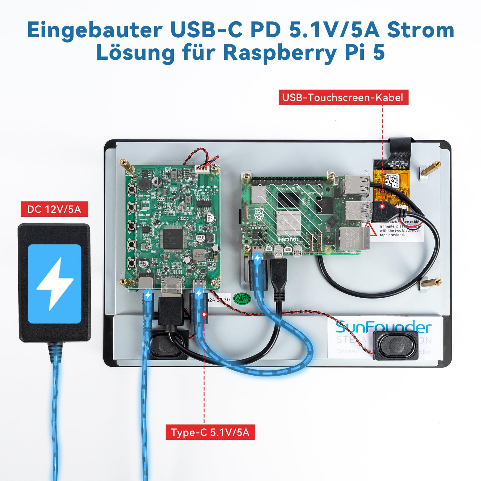 SunFounder Neueste 10 Zoll DIY Touchscreen All-In-One Lösung für Raspberry Pi 5, IPS HD 1280x800 LCD, Eingebauter 5.1V/5A Ausgang, HDMI, 10-Punkt, Kein Treiber, Lautsprecher, für RPi 5/4/3/Zero 2W
