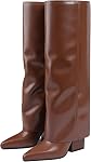 Knee High Boots for Women Fold Over Pointed Toe Shark Tall Boots Block Low Heel Slouch Long Boots with Side Zipper