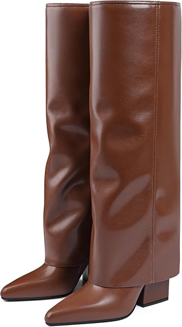 Knee High Boots for Women Fold Over Pointed Toe Shark Tall Boots Block Low Heel Slouch Long Boots with Side Zipper