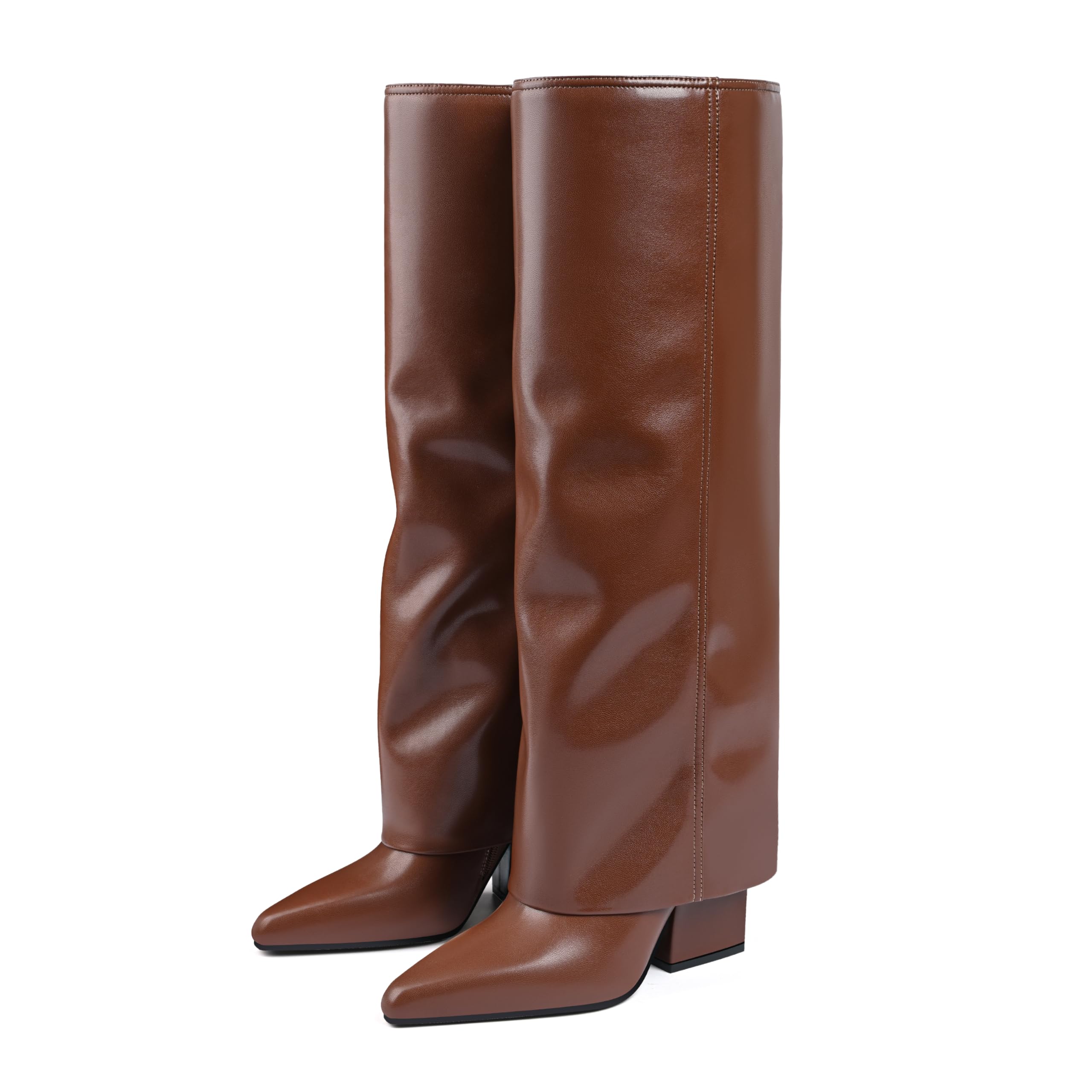 vaslemuse Knee High Boots for Women Fold Over Pointed Toe Shark Tall Boots Block Low Heel Long Boots with Side Zipper-picture-37
