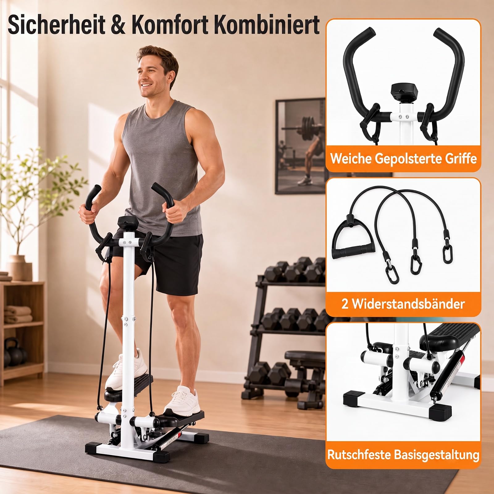 COSTWAY Mini stepper z kierownicą, cichy i antypoślizgowy | Stepper fitness z taśmami oporowymi i wyświetlaczem LCD, hydrauliczny rower treningowy do domu, biura
