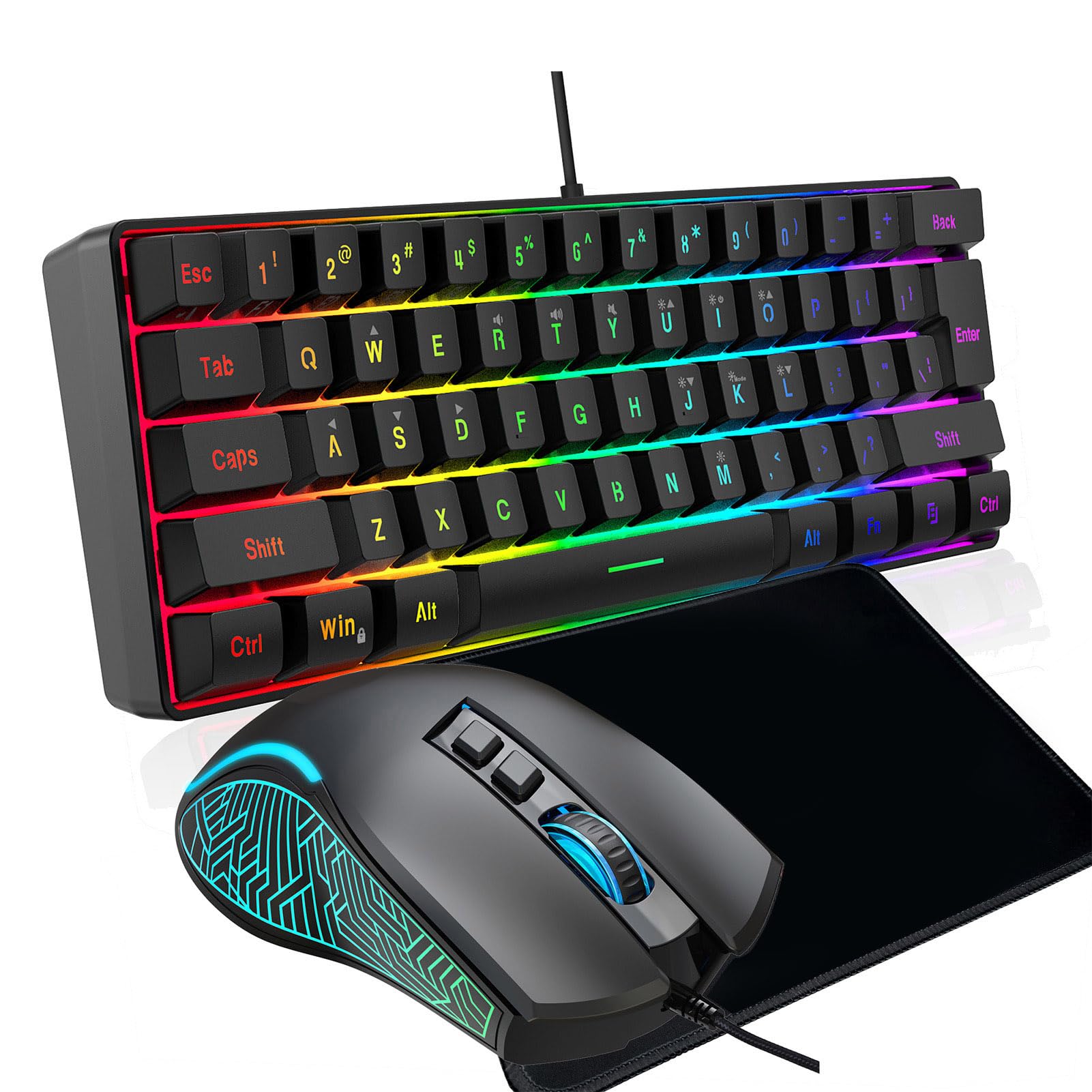 Set Tastiera e Mouse da Gioco Cablati, Retroilluminazione RGB, Tastiera Meccanica a 61 Tasti con Tappetino per Mouse, Accessori da Gioco per PC (Black)