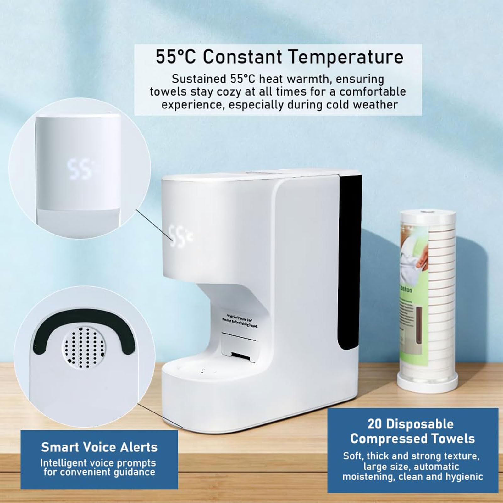 Distributeur de Serviettes Chaudes Intelligent, Machine Chauffante pour Serviettes Visage avec 40 Serviettes Compressées Douces Jetables, Température Constante à 55℃ & Chauffage en 5s