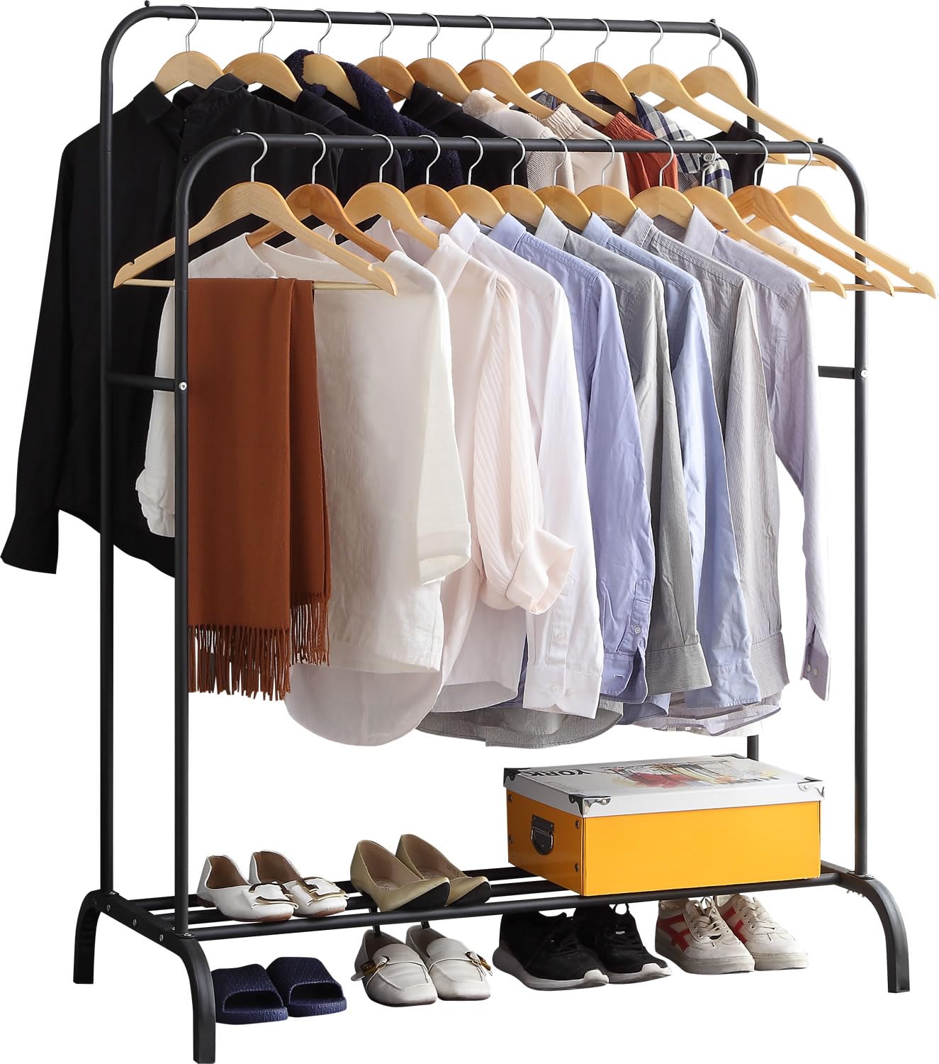 GISSAR Clothing Double-Rail Garment Rack with Shelves, Metal Hang Dry Clothing Rail for Hanging Clothes,with Top Rod Organizer Shirt and Lower Storage Shelf for Boxes Shoes Boots