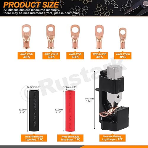 Miniatura 2 de Juego de 41 herramientas de crimpado de cables de batería, incluye herramienta engarzadora de martillo y terminales de alambre de cobre AWG 4 6 8