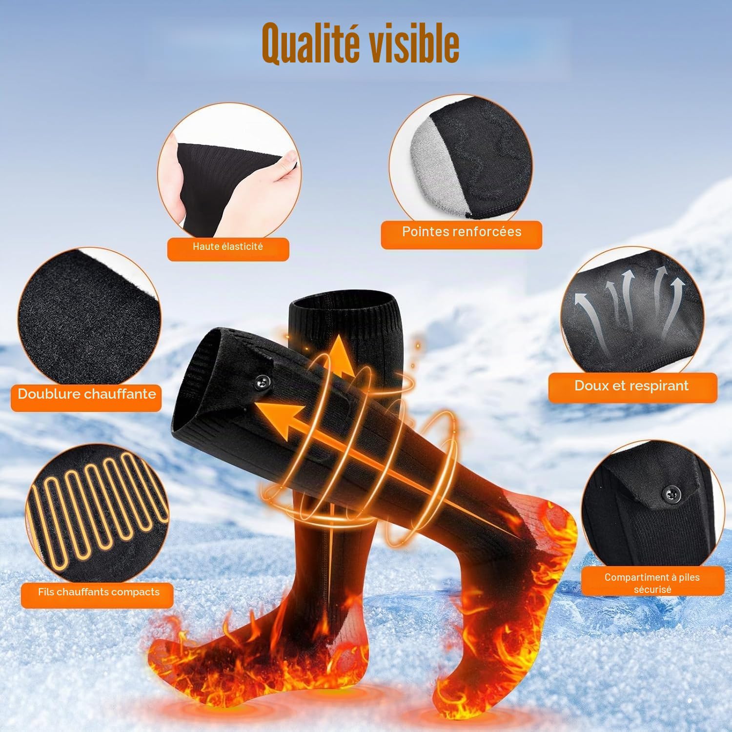 Chaussettes chauffantes, épaisses avec 2 batteries de 5000 mAh 5 V, 4 niveaux de chauffage, élastiques, chauffantes à 360 °, chaussettes chauffantes lavables pour homme et femme, 36-46 pour ski