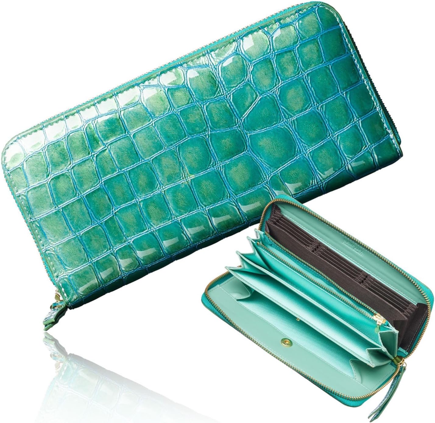 VOICE Align type Long wallet Leather made by MASINI in Italy Cowhide ART.Stain Glass Women's Elegant and easy to use Vertical card case IN gift box (Turquoise)