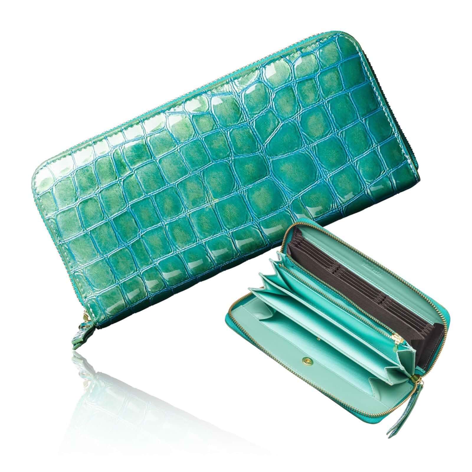 VOICE Align type Long wallet Leather made by MASINI in Italy Cowhide ART.Stain Glass Women's Elegant and easy to use Vertical card case IN gift box (Turquoise)