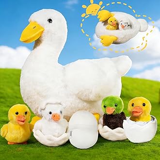 7 in 1 Duck Stuffed Animal, 12" Stuffed Duck Plush Toy with 4 Baby Ducklings and Eggs Inside for Kids, Soft White Ducks Hugging Plush Pillow for Boys Girls Christmas Birthday Gift Farm Party Decor