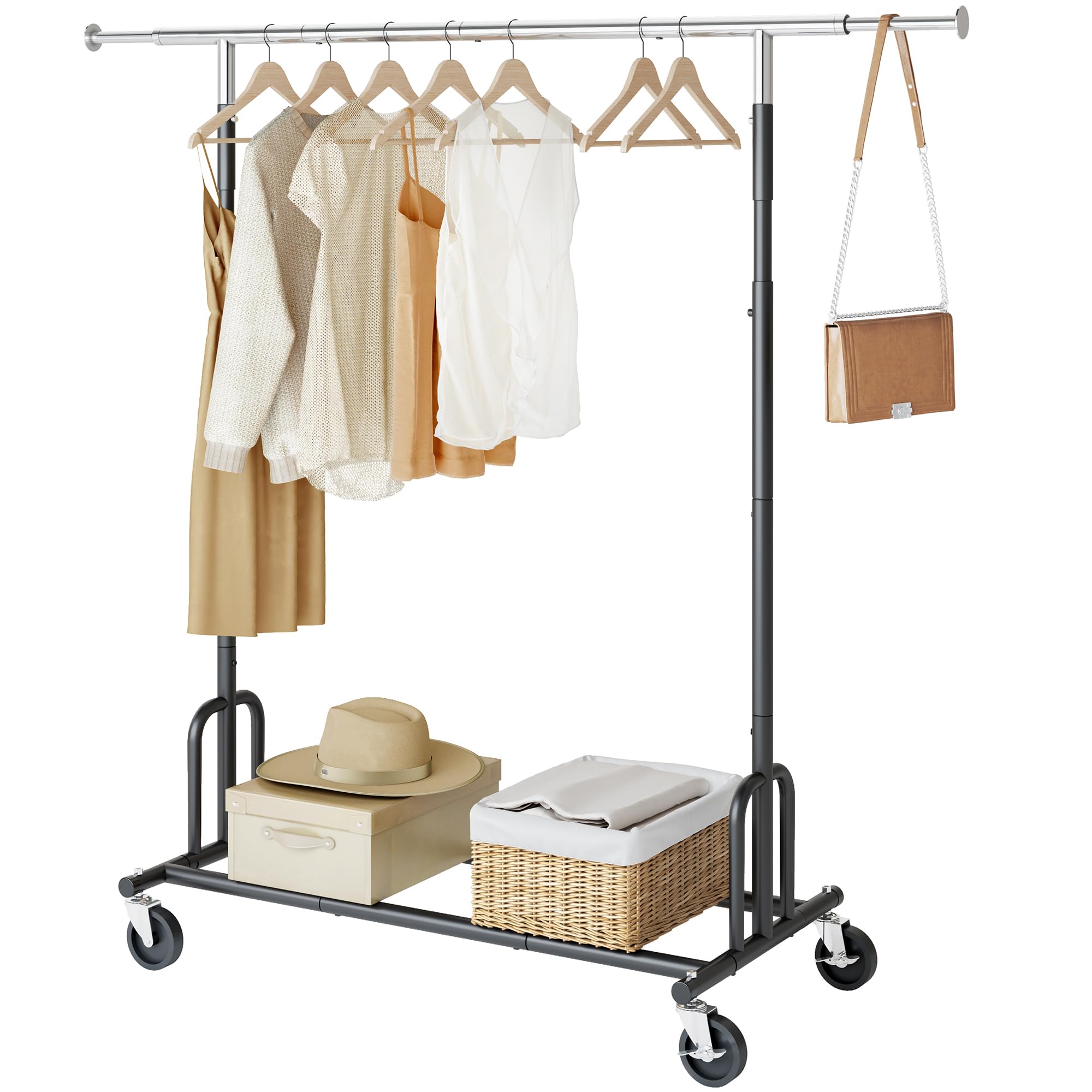 Tajsoon Heavy Duty Clothes Rack Foldable Garment Rack with Wheels and Extendable Rod, Freestanding Clothing Rack for Hanging Clothes, Adjustable ? Collapsible Rolling Racks with Bottom Shelf, Black