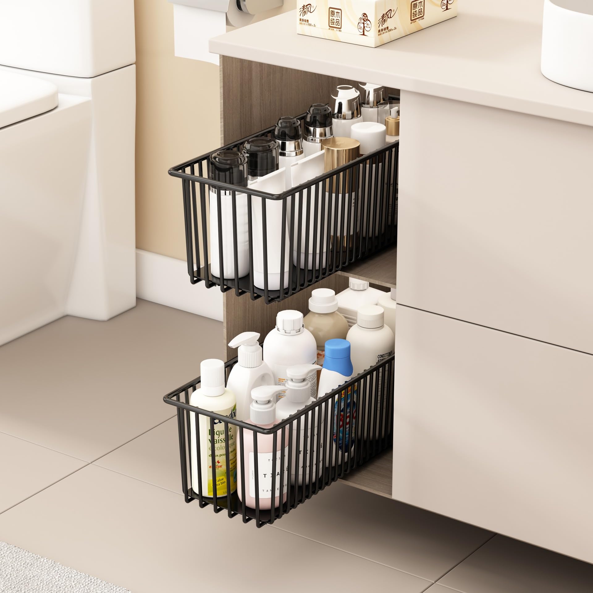 2 StüCk Teleskopschublade, KüChenschublade Regal Ausziehbare KüHlschrank Schublade KüChe Schrankauszug, Teleskop Schubladen SpüLschrank Organizer für SchräNke,15.2 B x 41.2 T x 16.2 H Cm (Schwarz)