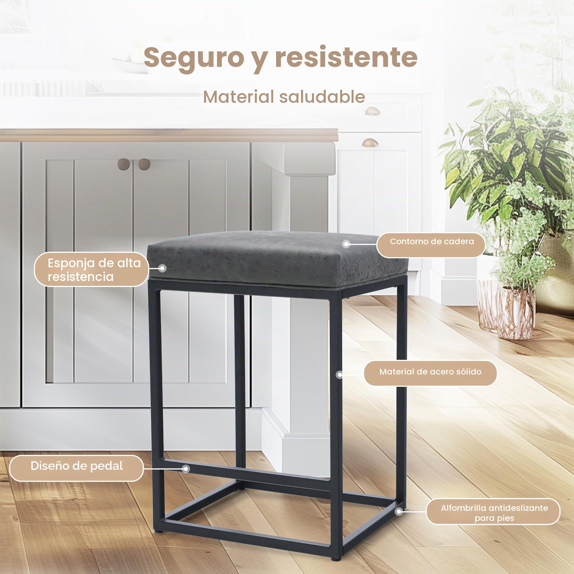 ALPHA HOME 2 taburetes de bar con reposapiés, sillas de cocina, de piel sintética, sin respaldo, taburetes de bar, para interior y exterior, comedor, bar en