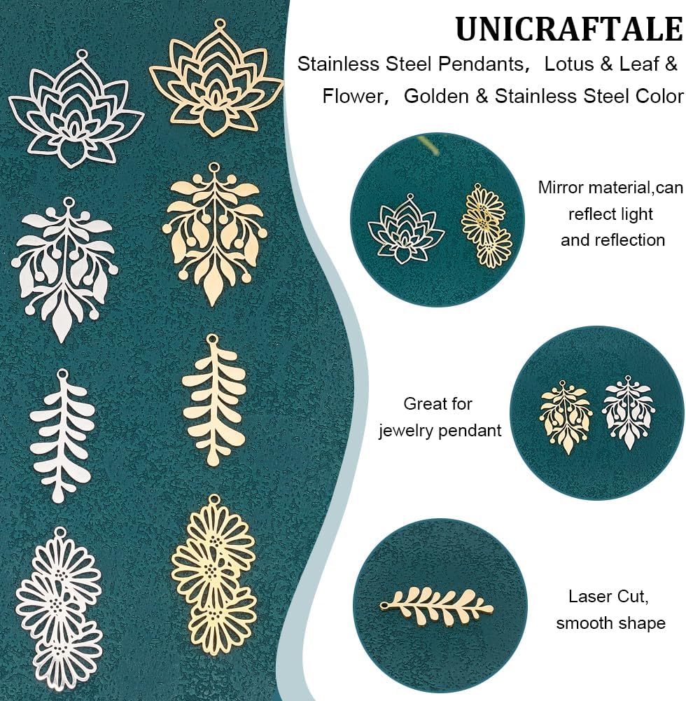UNICRAFTALE 8pcs 4 Styles 2 Colors Hole 1.6mm 201 Stainless Steel Charms Metal Laser Cut Flat Hollow Lotus Leaf Flower Plant Pendants Drop Dangle Earrings Charms for DIY Necklace Jewelry Making - Image 5