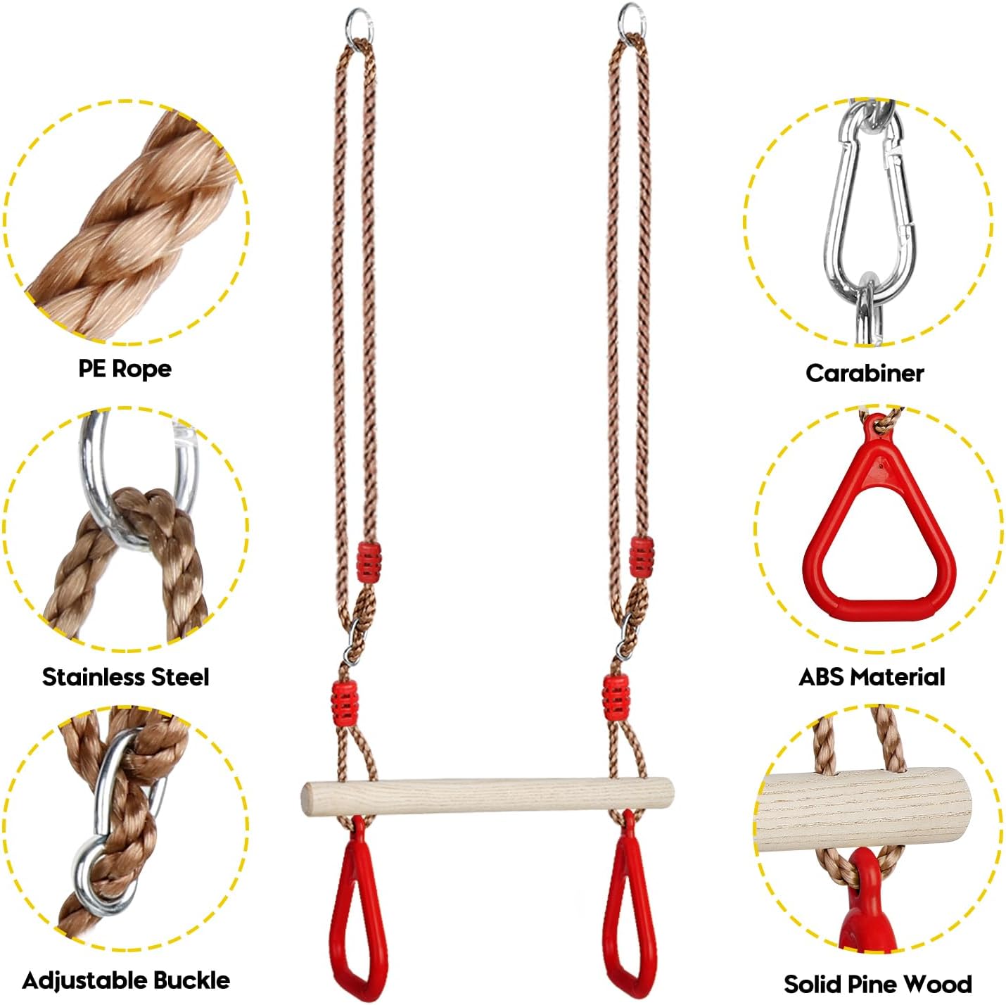 Trapeze Swing Bar with Rings, Wooden Trapeze Swing Bar with Plastic Gym Rings Adjustable Rope, Locking Straps, Outdoor Swing Set Playground Accessories for Kids (Red)