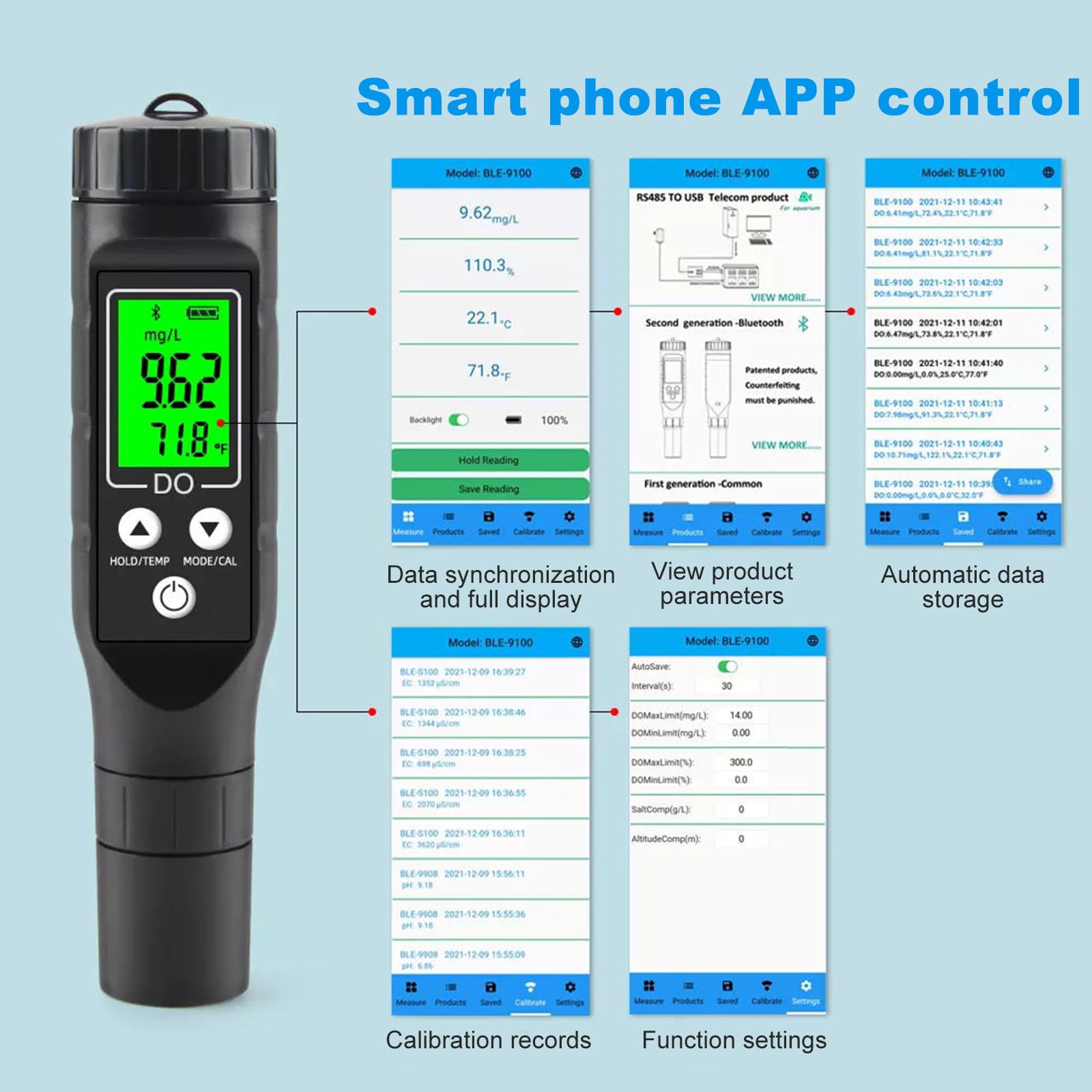 Détecteur d'oxygène Bluetooth pour l'eau Détecteur d'oxygène dissous pour l'eau Applicable aux bassins à poissons Aquarium Aquaculture BLE-9100 (comprend une poudre électrolytique)