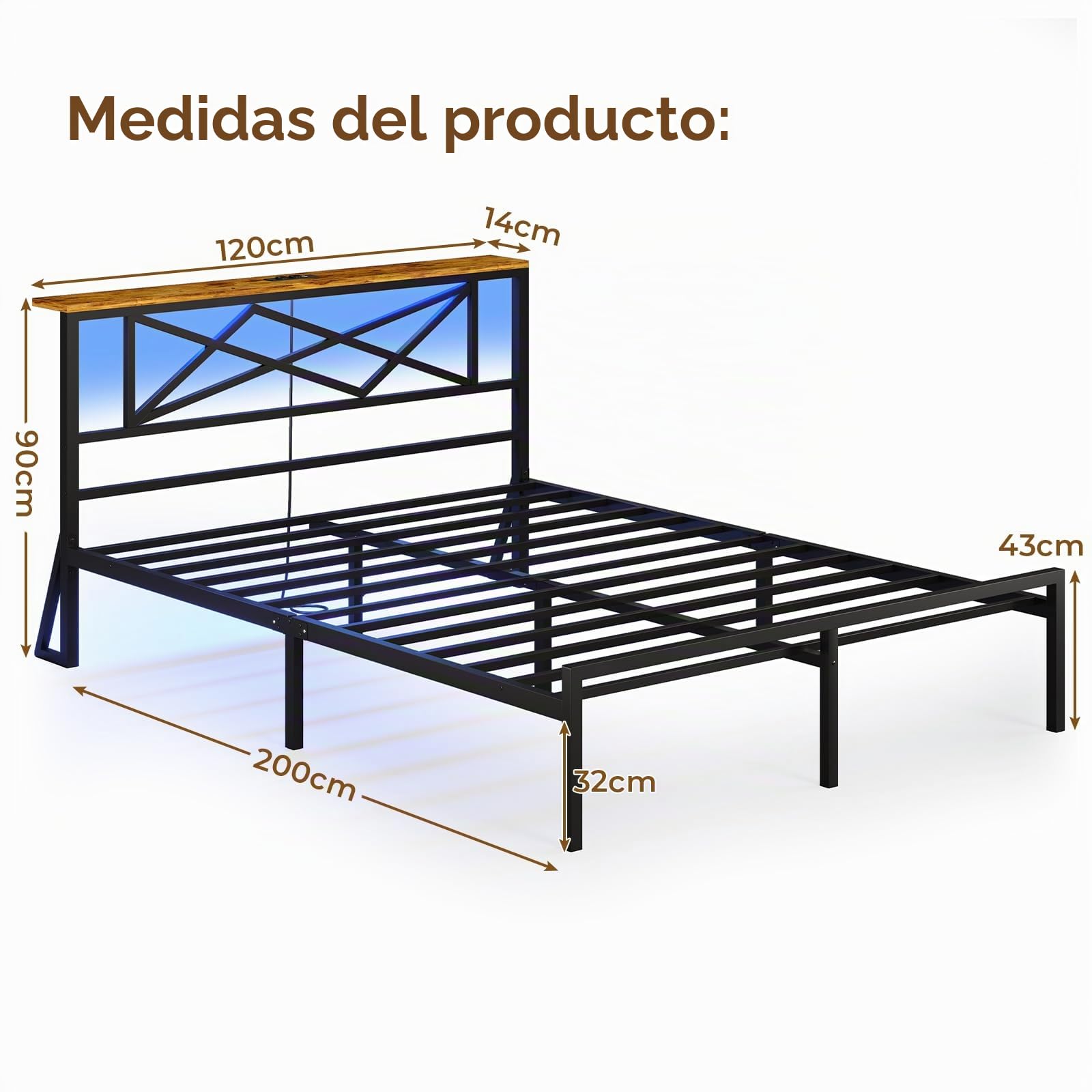 DICTAC Cama de 120 x 200 cm con iluminación LED, estructura de cama de 120 x 200 cm con enchufe y función de carga USB, cama de metal con cabecero de madera, espacio de almacenamiento, marco de cama