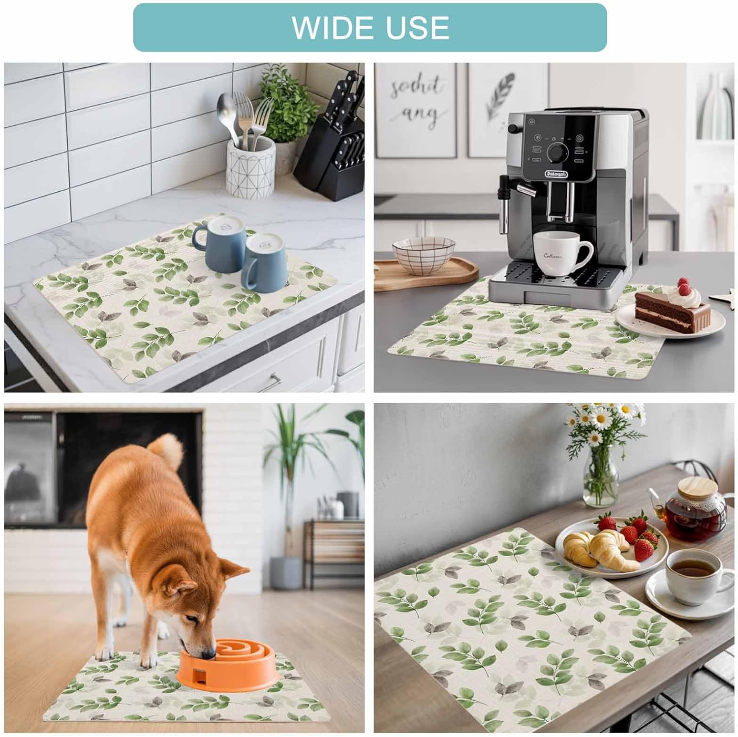 Coffee Mat Eucalyptus Leaves Dish Drying Mat for Kitchen Counter Watercolor Green Leaf Coffee Bar Mat for Coffee Maker and Espresso Machine, Coffee Station Accessories 18x28in