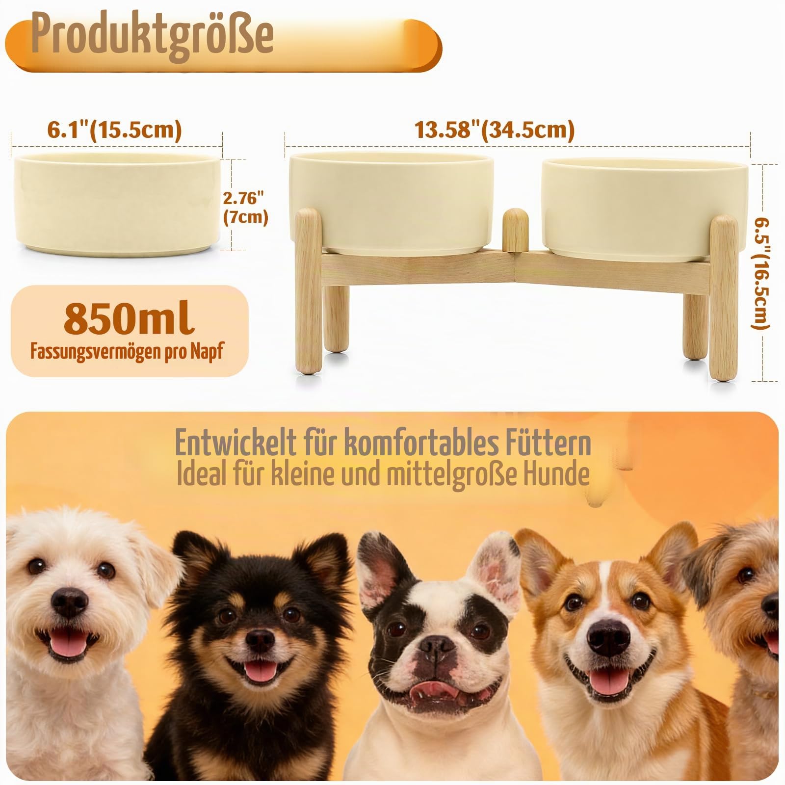 Erhöhter Keramik Hundenapf Set 2×850 ml Ø15,5 cm, Doppelnapf mit Holzständer rutschfest, Futternapf & Wassernapf spülmaschinenfest und mikrowellengeeignet, für kleine und mittelgroße Hunde & Katzen