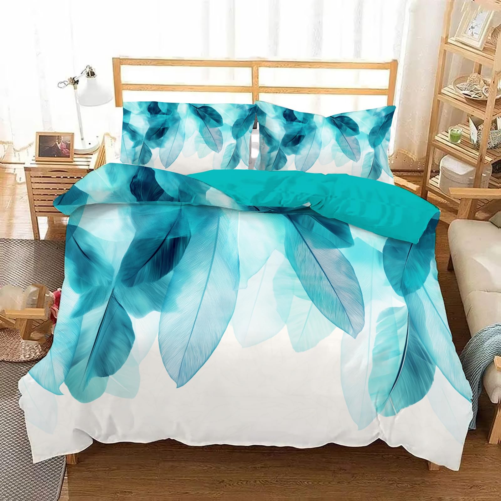 Housse de couette King motif plume bleue avec 2 taies d'oreiller, parure de lit réversible