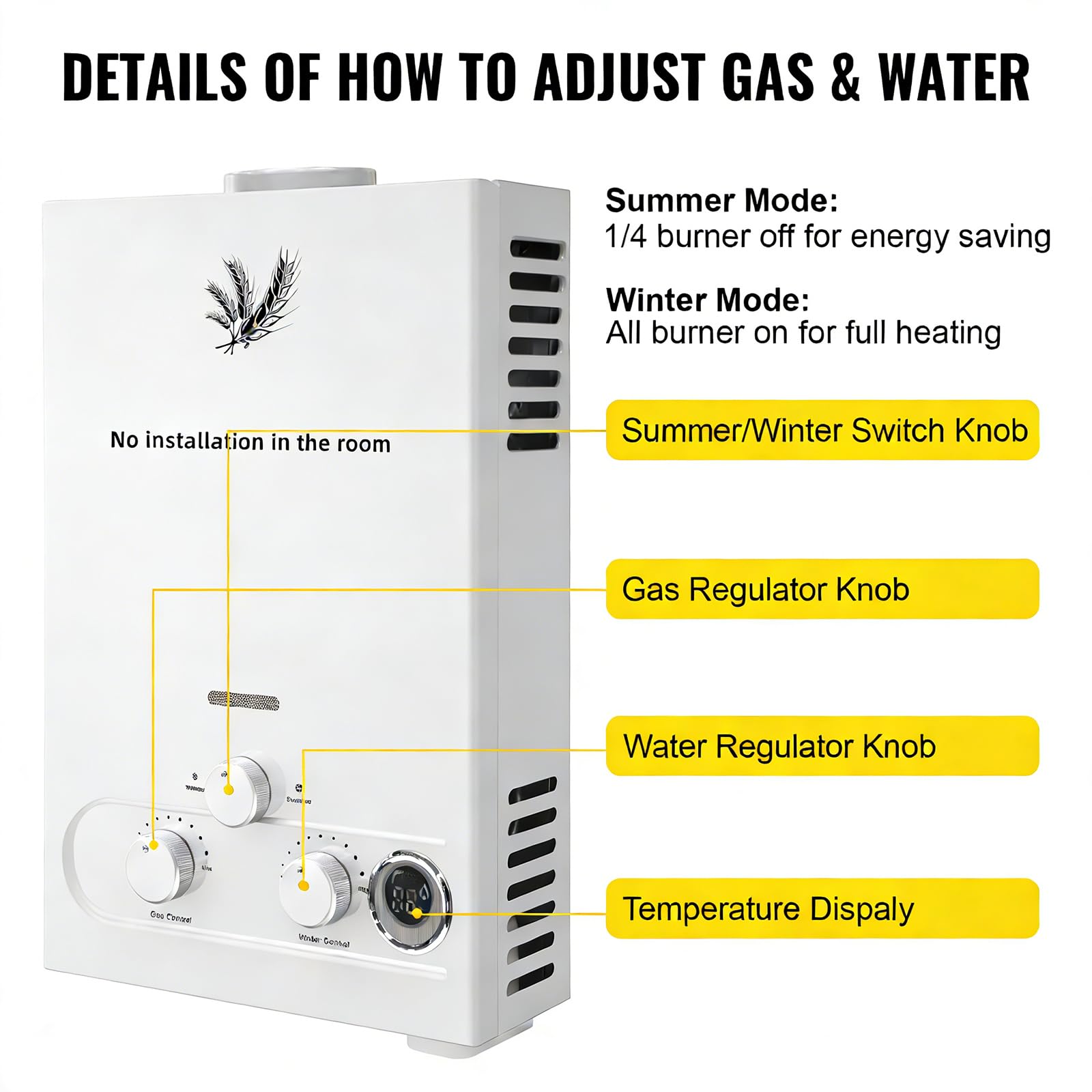 Chauffe-Eau à Gaz Instantané 12L,Propane Chauffe Eau avec Modes Hiver et Eté,Protection Contre La Surchauffe,Affichage de la Température,Blanc,pour La Maison,ExtéRieur,Camping Car (12L)