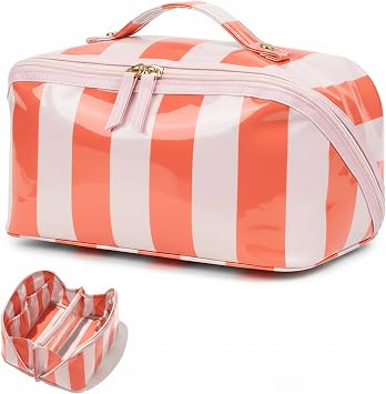 LETGO Preppy Stripe Clear Travel Makeup Bag,Waterproof Sunscreen Bag Clear Makeup Toiletry Pouch Beach Vacation Essentials for Women Teen Girls Trip Gifts Summer Pool Travel AccessoriesOrange White