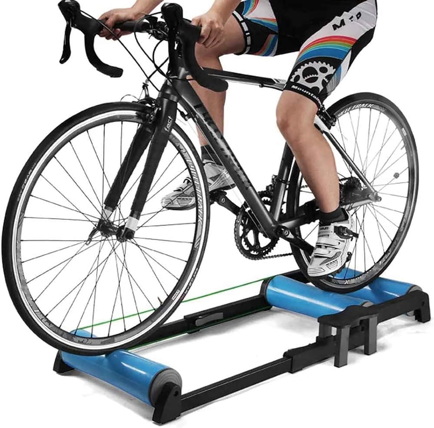 Entrenador de bicicleta de rodillo ajustable para bicicletas de montaña y carretera de 24-29 pulgadas, soporte de bicicleta interior silencioso con rodillos de PP lisos y marco de aluminio estable
