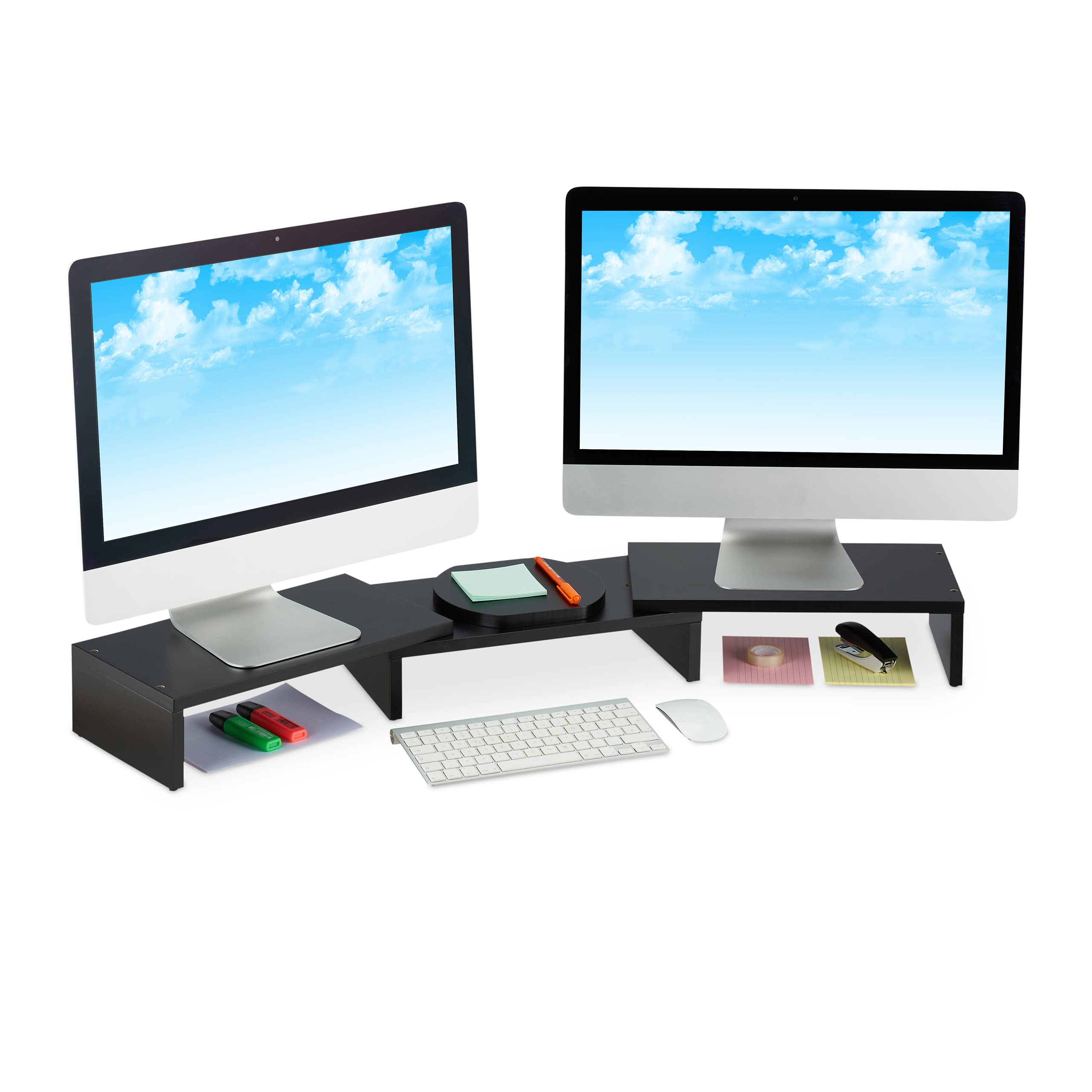 Relaxdays Soporte de Monitor Doble, Ajustable, Ergonomía en el Trabajo, Elevador de Pantalla para Escritorio, Negro