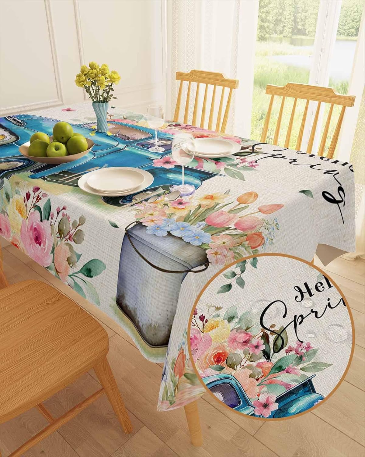 Tablecloths for Rectangle Tables 54x108 Inch, Waterproof Washable Polyester Tablecover Hello Spring Blue Truck and Spring Flowers Burlap Texture Spillproof Wrinkle Free Table Cloth for Kitchen