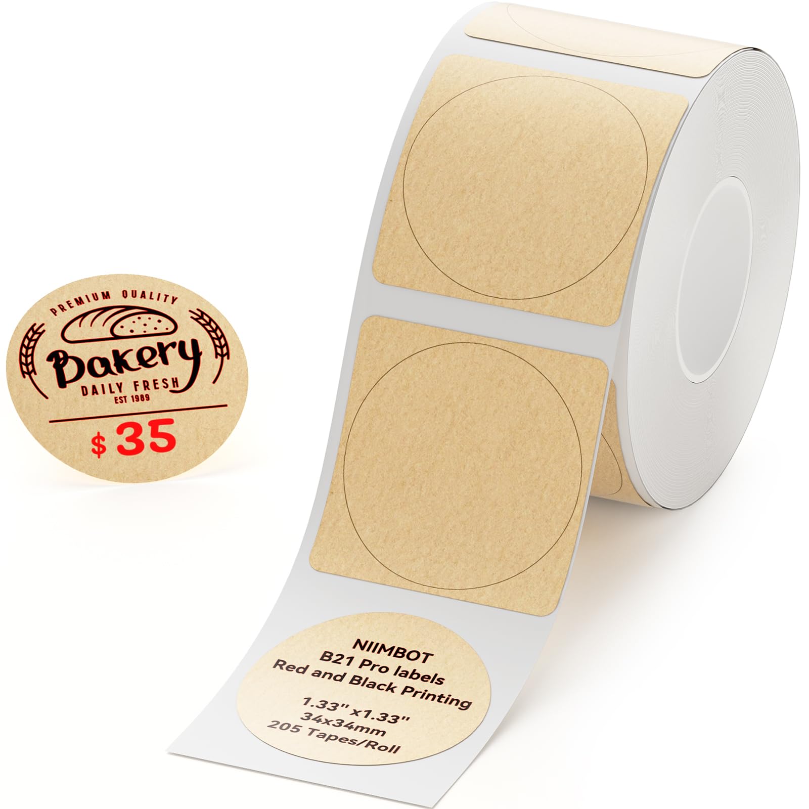 NIIMBOT Labels for B21 Pro,Red and Black Printing Labels,Self-Adhesive Sticker Label 1.33'' x1.33'' (34x34mm) 205 Tapes/Roll,Applies to Store/Clothing Tags/Warning Signs/Name tag-Kraft Paper — image 1