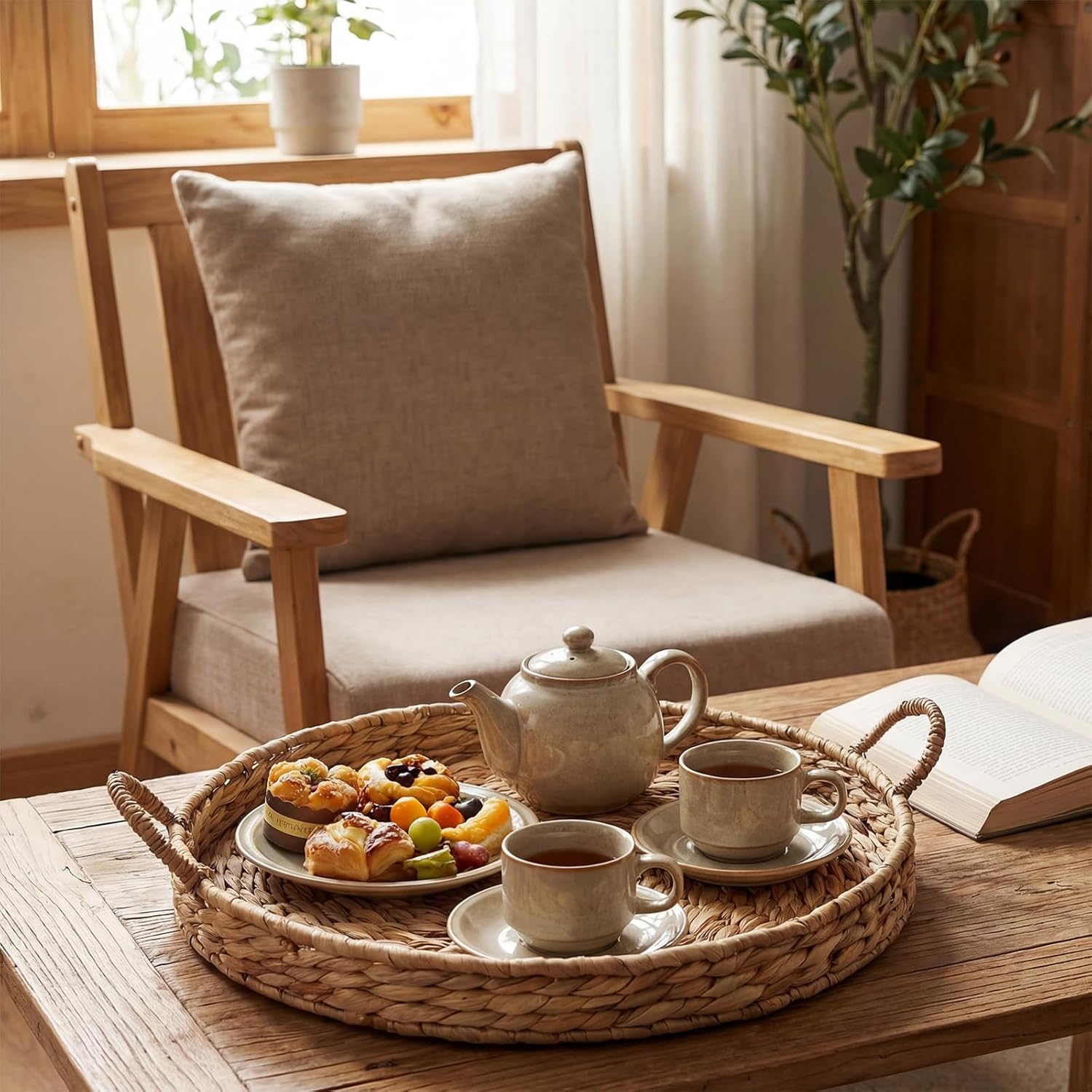 Round Woven Hyacinth Serving Tray with Handles Rattan Decorative Storage Basket for Fruit Arts Crafts Breakfast Coffee Table Dining, 1.97 x 21.65 Inches - Image 6