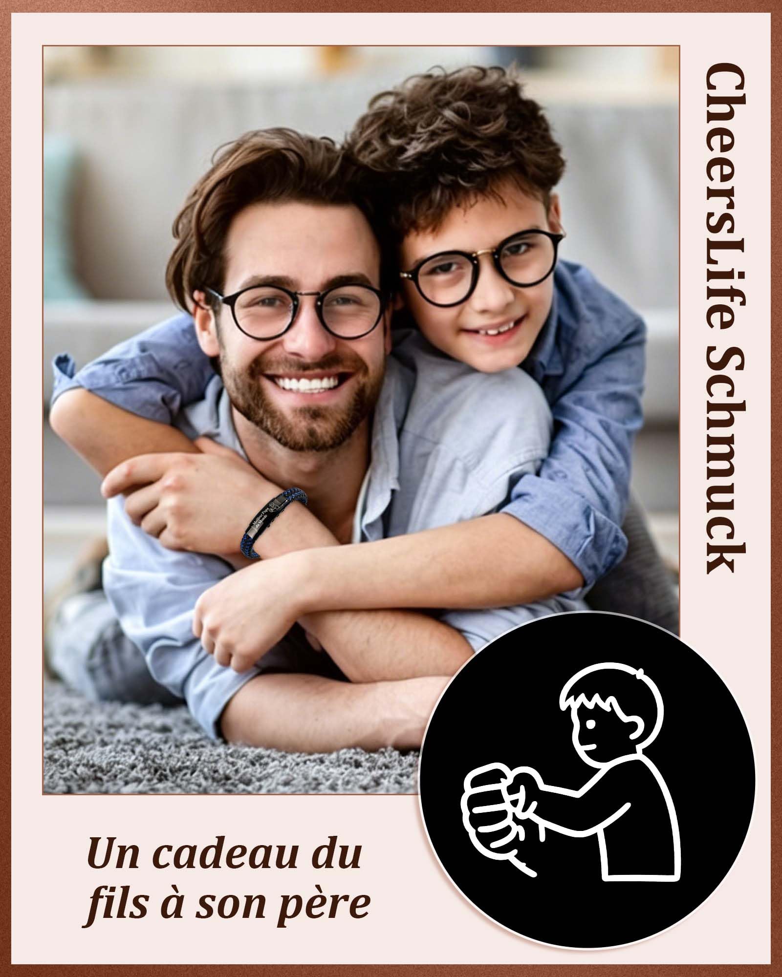 CheersLife Cadeau Fete des Peres - Cadeau Anniversaire Papa Fist Bump Père-fils Père-fille Bracelet Gravé Meilleur Papa du Monde Homme Original Cadeaux 30 40 50 60 70 Ans Réglable Bracelet Noir Bleu