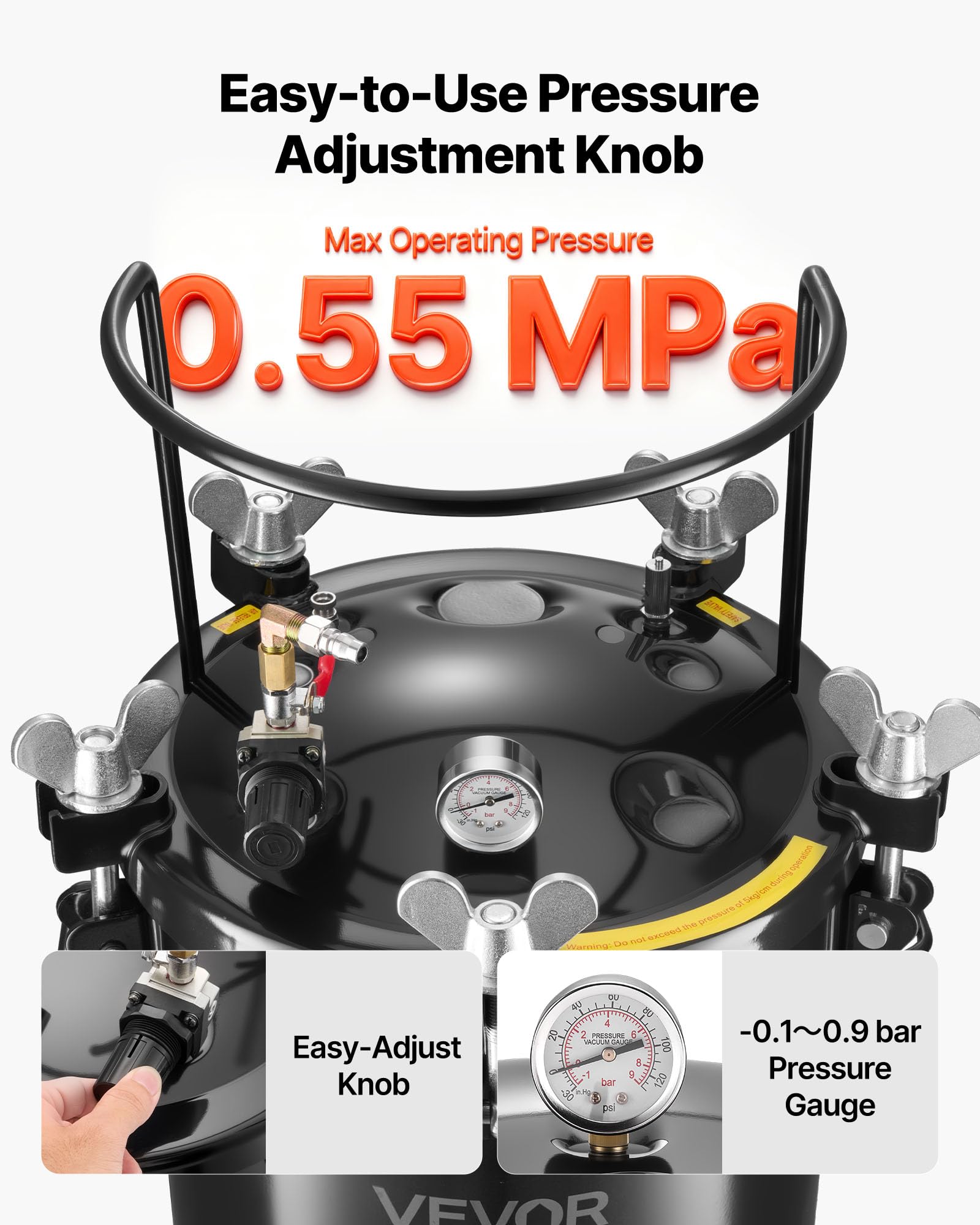 VEVOR Tanque de Presión Capacidad de 40 litros, con 3 Conectores Rápidos UE/AU/EE. UU. para Aficionados al Bricolaje Artistas de Estudio Creadores, con 4 Ruedas, hasta 0,55 MPa, 450 x 450 x 740 mm