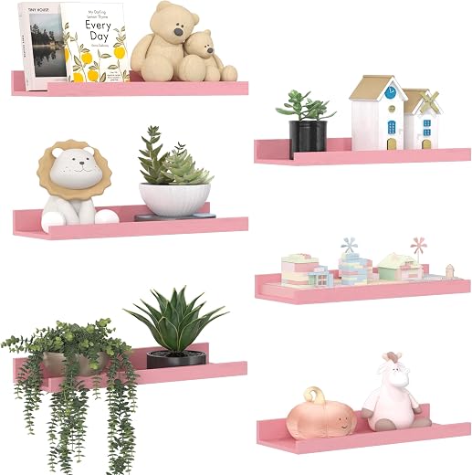 upsimples Floating Shelves for Wall, Wood Mounted Shelf Decor Storage Set of 6, for Bedroom, Living Room, Bathroom, Kitche...