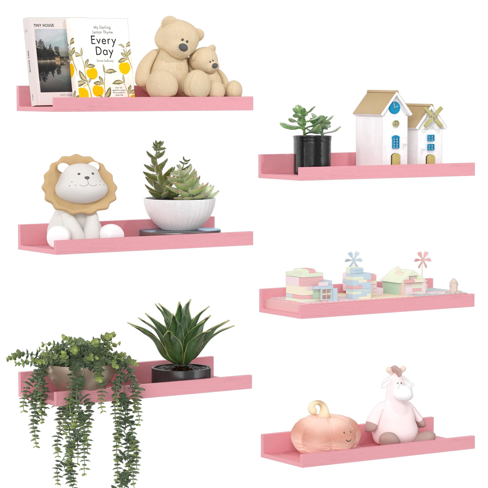 upsimples Floating Shelves for Wall Decor and Storage, Pink, 6Pcs 15.7'' | Wall Mounted Wood Shelves for Living Room, Bedroom, Bathroom, Kitchen, Office, Laundry Room Display and Organize