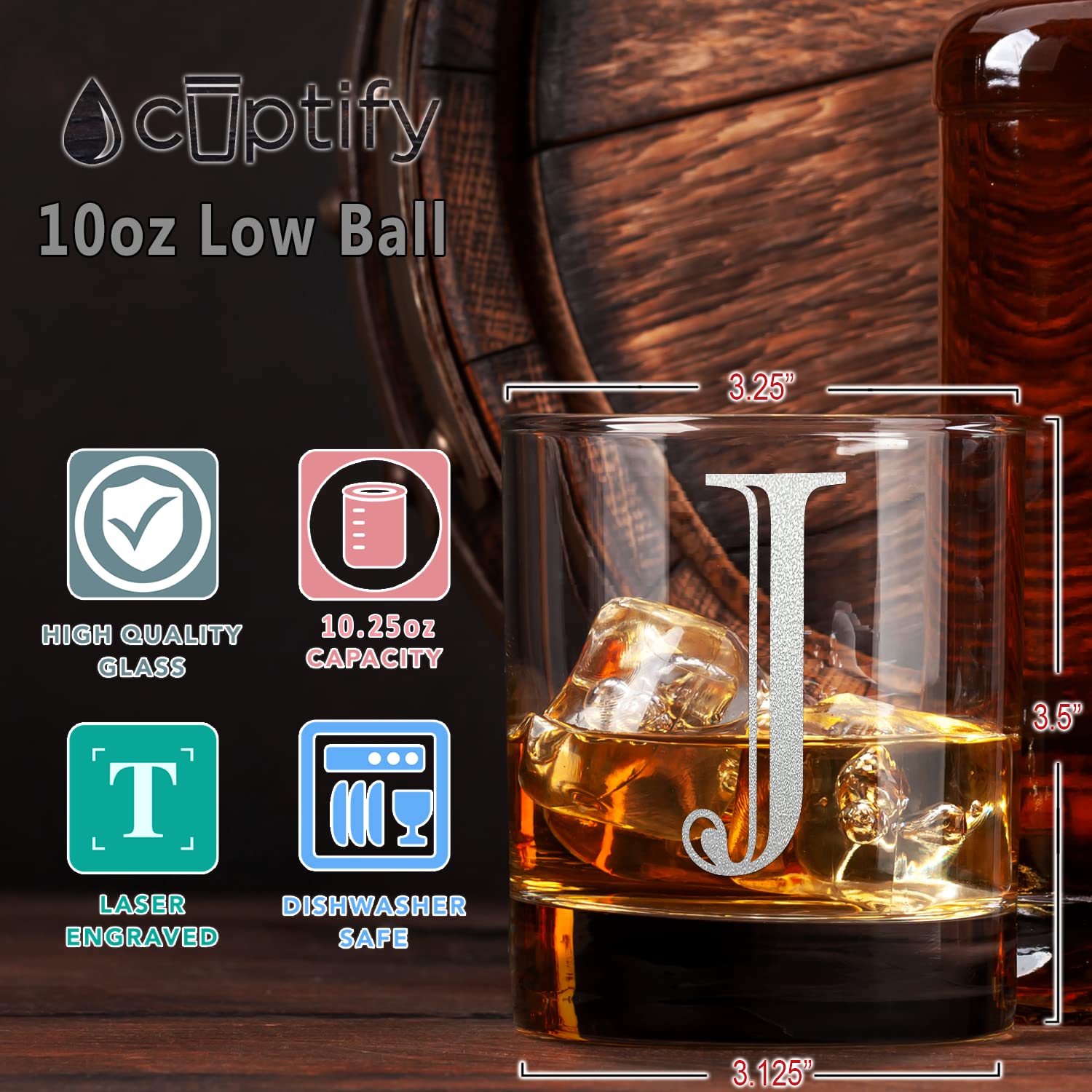 Monogram Initial Letter J Etched Whiskey Glass 10.25 oz Rocks Cocktail Glass Etched Personalized Gifts for Men and Women