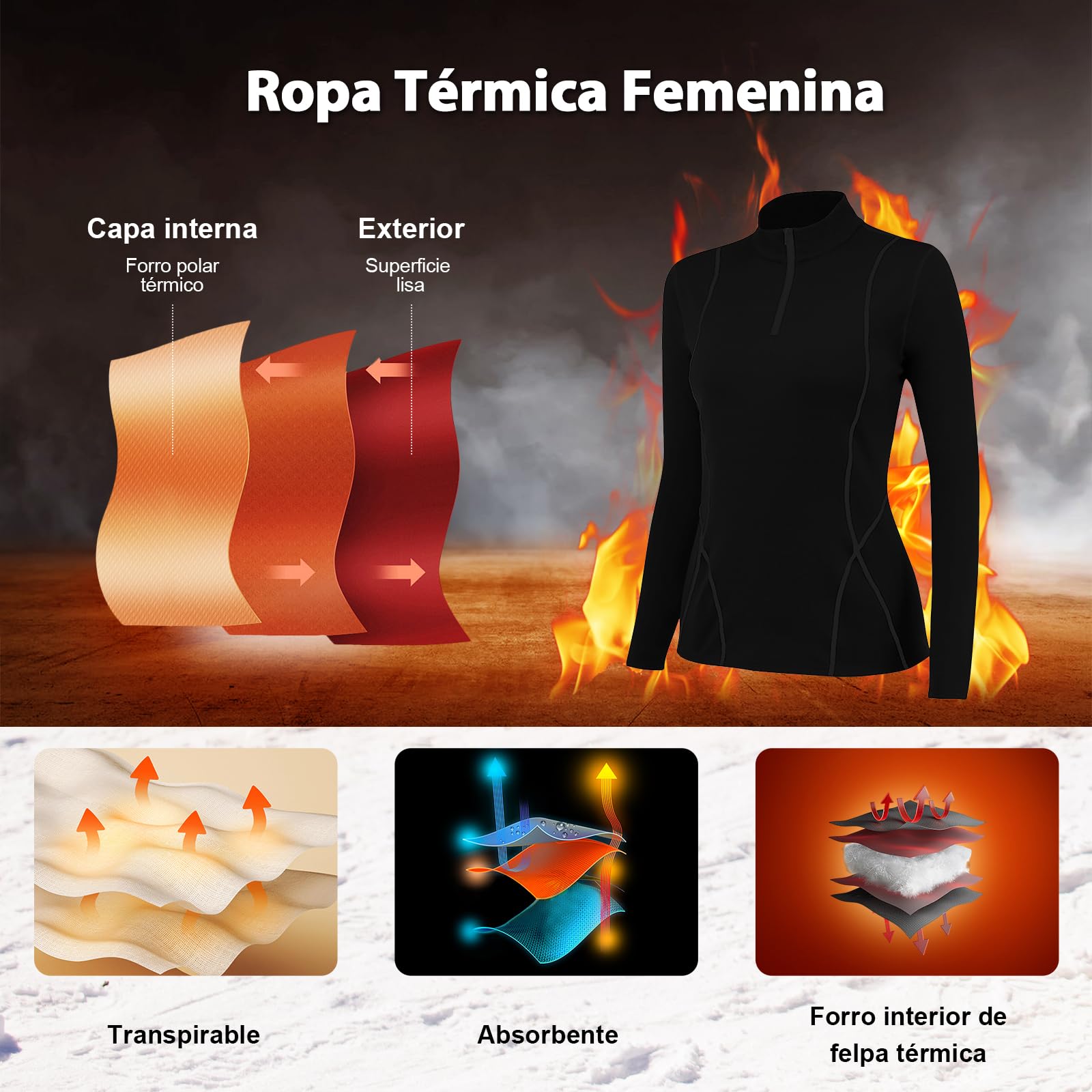 Ropa Termica Mujer Secado RáPido Pantalon Termico Mujera con Forro Polar Interior Flexible Y Transpirable Juego De Rope Interio TéRmica De Cuello Alto Funcional Mono Ski Mujere Adecuado