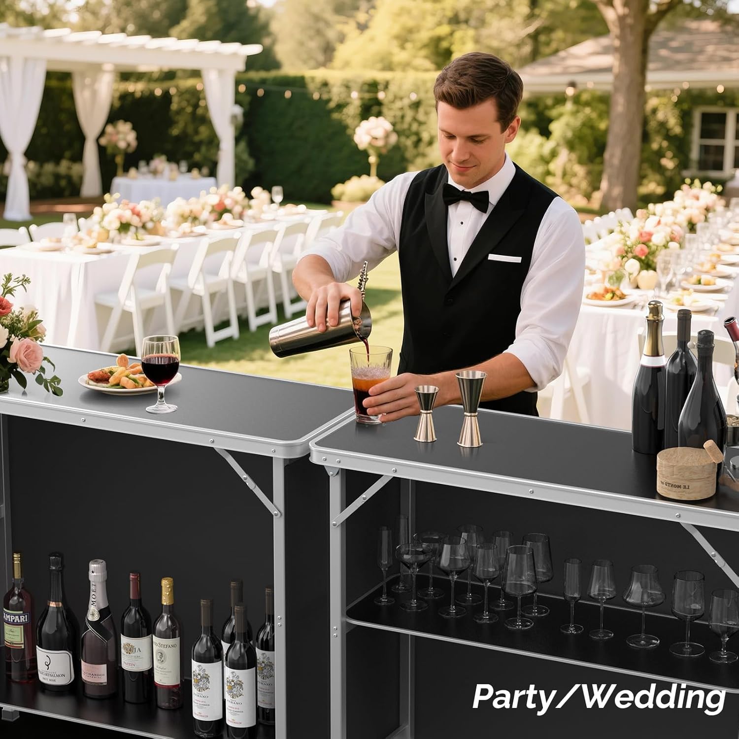 Bonnlo Folding Portable Bar Table, Mobile Bar Table for Events, Party, Camping, Picnic, Tradeshow, Indoor with Black Skirt 39 "L x 34" H