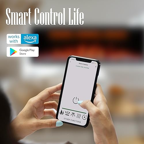 Miniatura 8 de Benrocks Calentador de chimenea eléctrico inteligente de 60 pulgadas de ancho, chimenea sintética empotrada y montada en la pared con control remoto