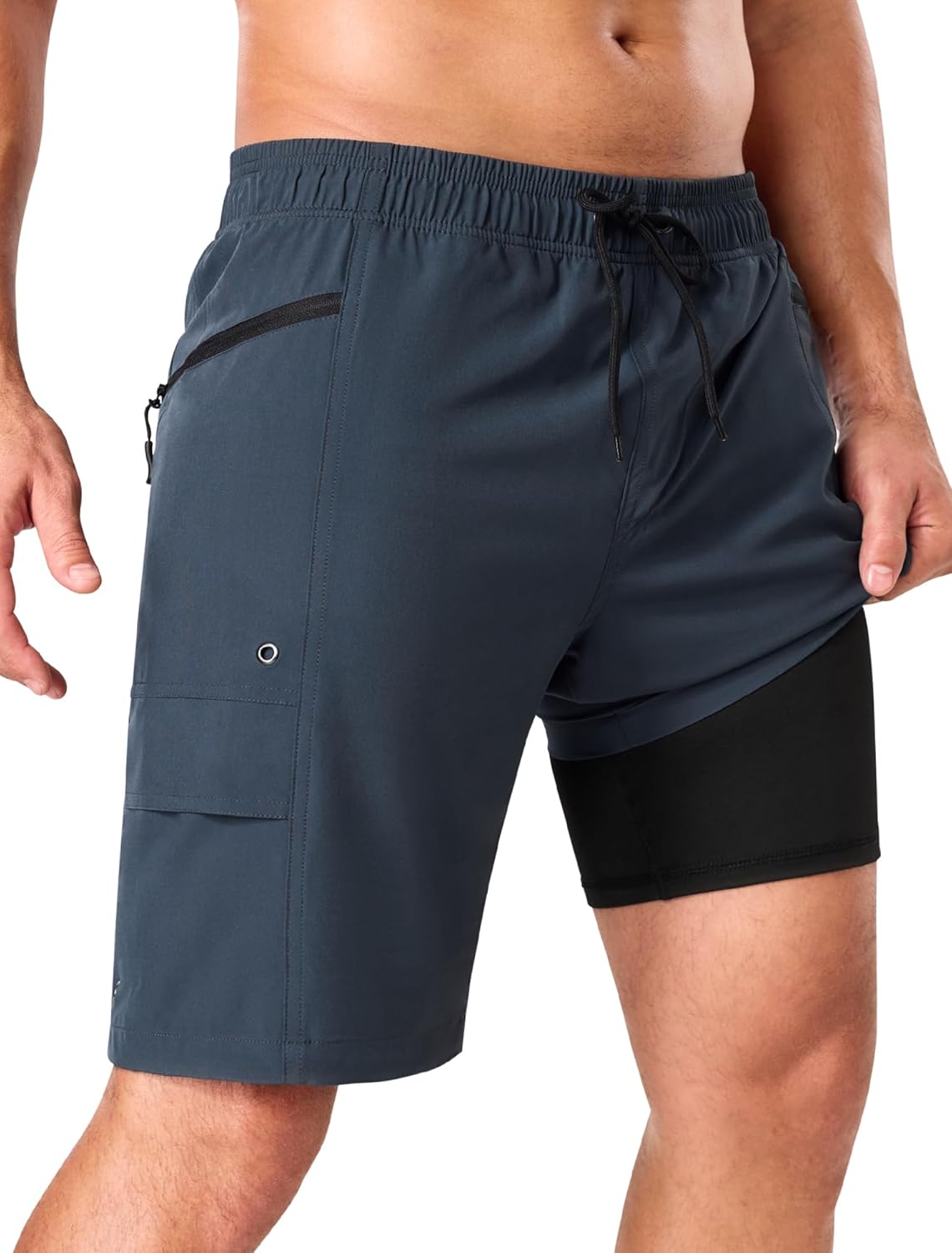 SILKWORLD Mens Swim Trunks with Compression Liner Quick Dry Bathing Suit 9" Swimming Beach Shorts with Zipper Pockets, Dark Grey, 2XL