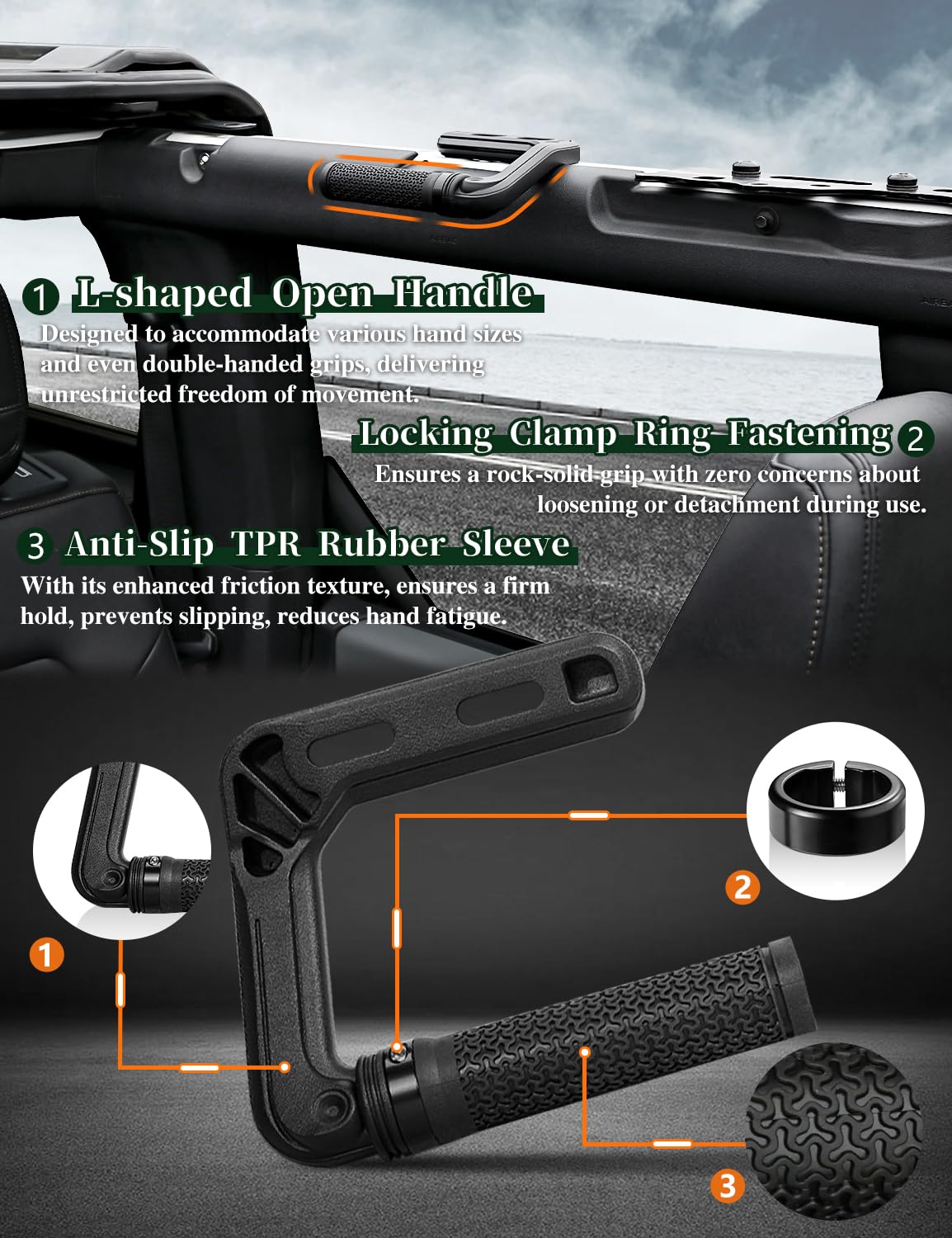 JROAD Bronco Aluminum Grab Handles Roll Bar Non-Slip Grip HandlesCompatible with Ford Bronco 2021-2025 Front or Rear Seat 2/4 Door Soft/Hard Top,Bronco Raptor Interior Accessories ?4PCS/Black?