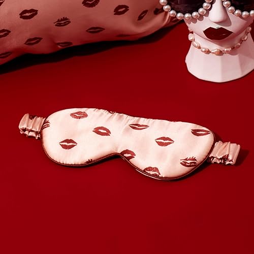 Mascarilla de seda de THXSILK, 100% seda morera, vendada con cinta elástica, súper suave y cómoda, máscara de sueño con estampado de labios sexy