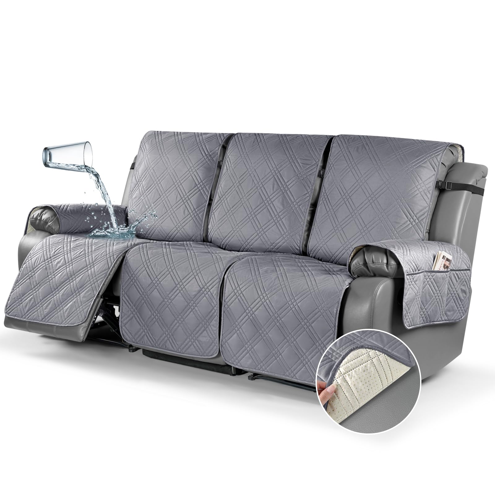 TAOCOCO 100% Waterproof Recliner Sofa Cover, Non Slip Split Couch Covers for Reclining Couches with Elastic Straps, Washable Reclining Sofa Cover Furniture Protector for Kids Pets(3 Seater, Gray)